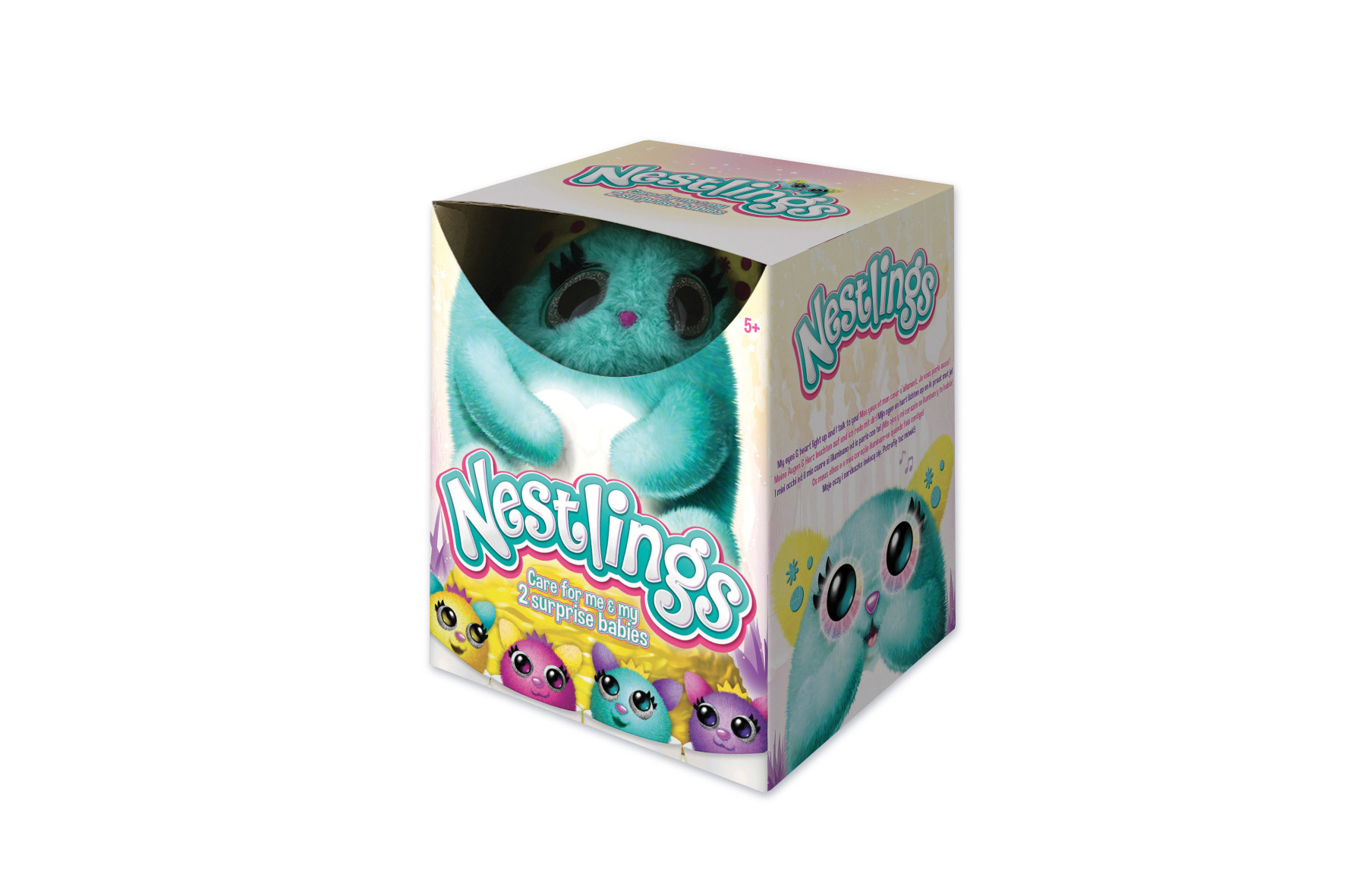 Pudełko z pluszowymi zabawkami Nestlings z widoczną zabawką w kolorze turkusowym, na białym tle.
