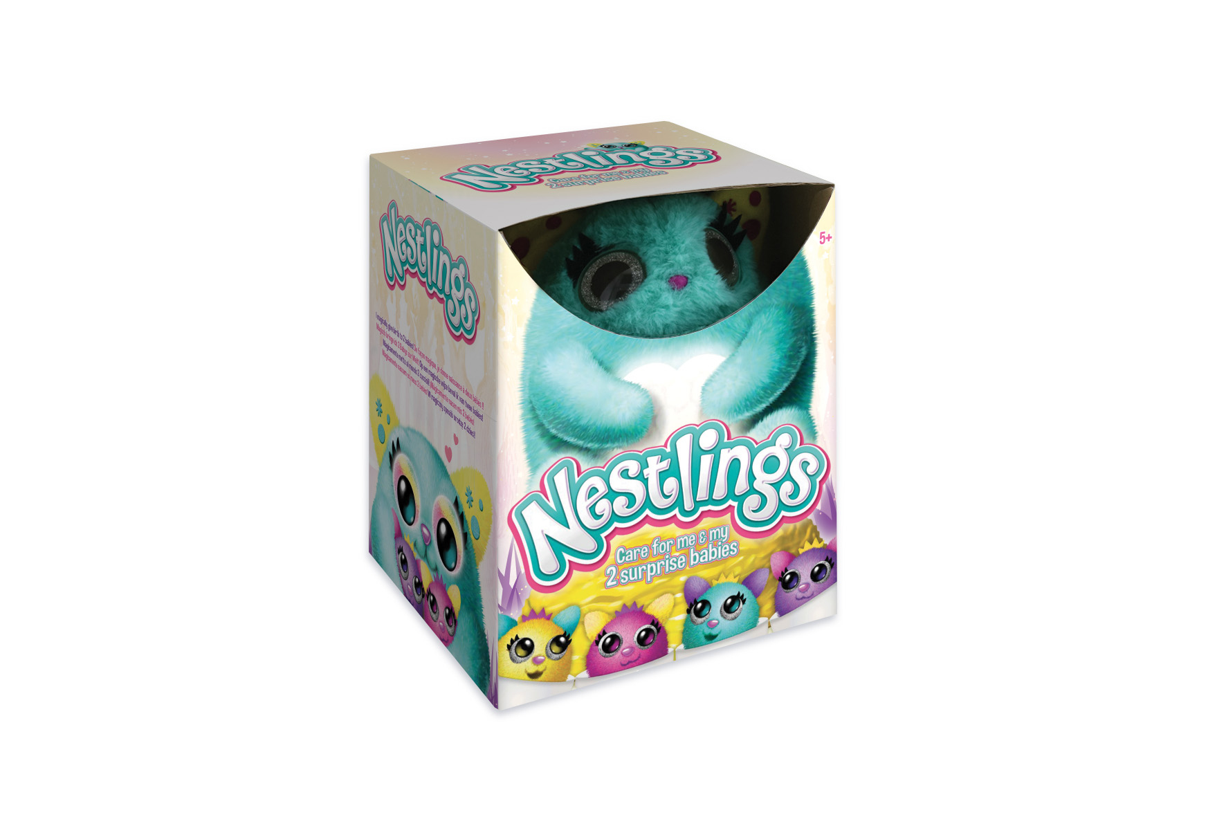 Niebieska pluszowa zabawka w kartonowym pudełku ze zdjęciami innych zabawek.