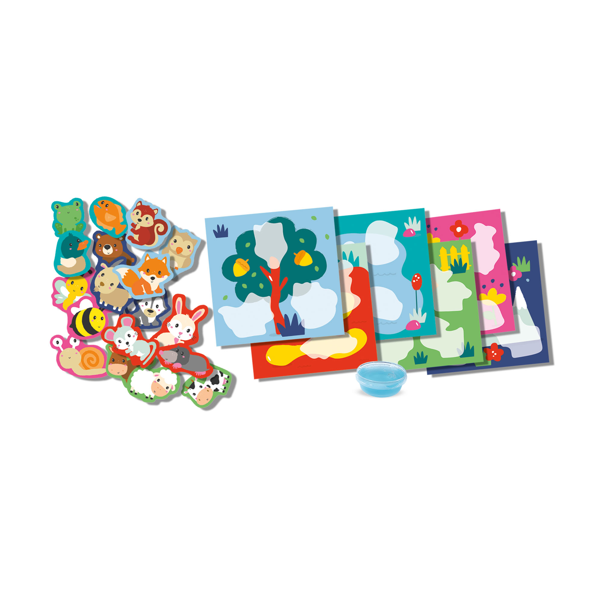 Kształty zwierząt i karty krajobrazów do zajęć plastycznych dla dzieci, z małą miseczką kleju.