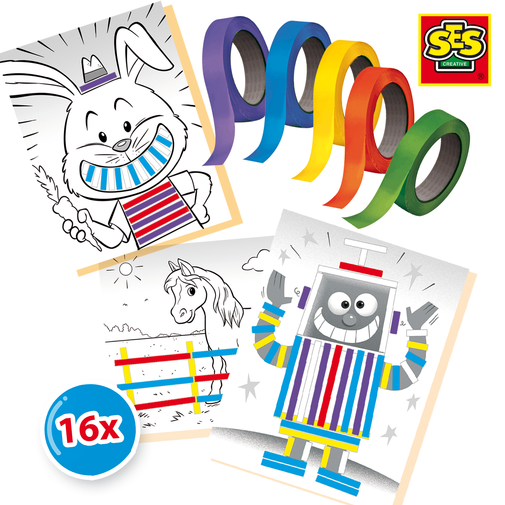 Zestaw do kolorowania z rysunkami, taśmami i królikiem, robotem i koniem. Tło: białe.