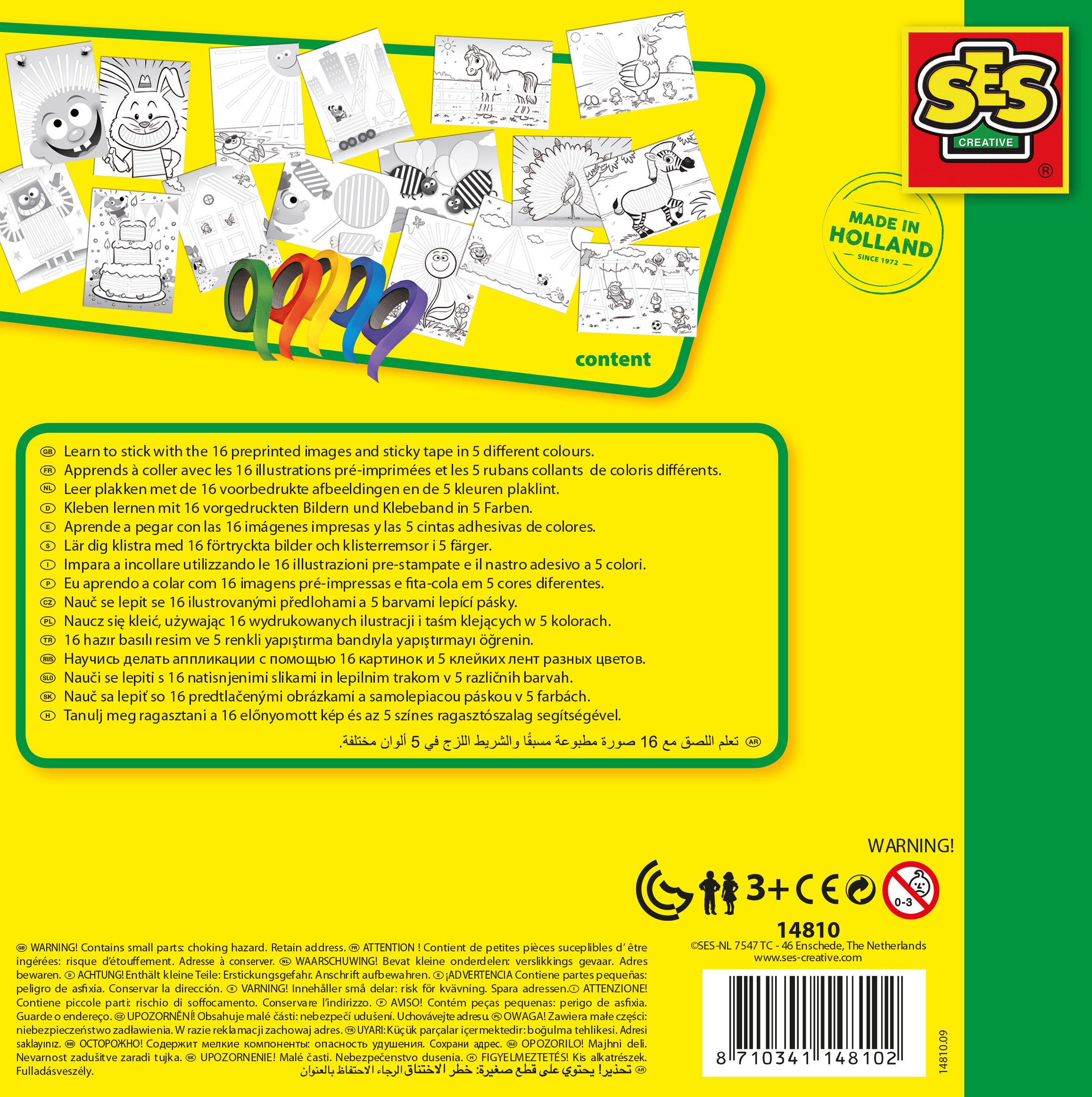 Tył zestawu rzemieślniczego z ilustracjami, tekstem i kolorową taśmą.