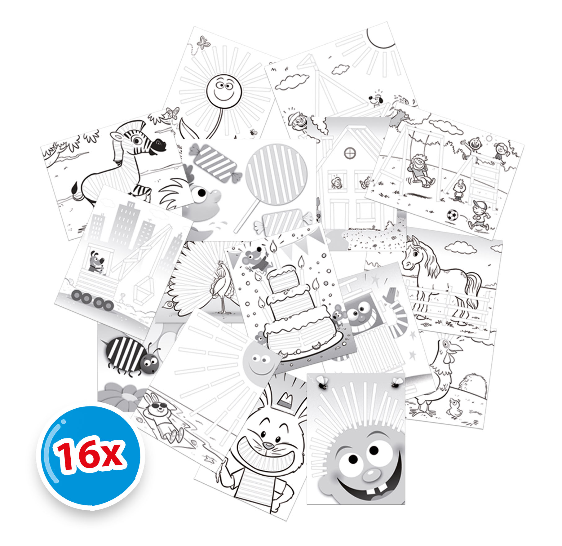 Wiele kolorowanek. Króliki, słońce, ciasto, koń i więcej. Niebieskie koło z '16x'.