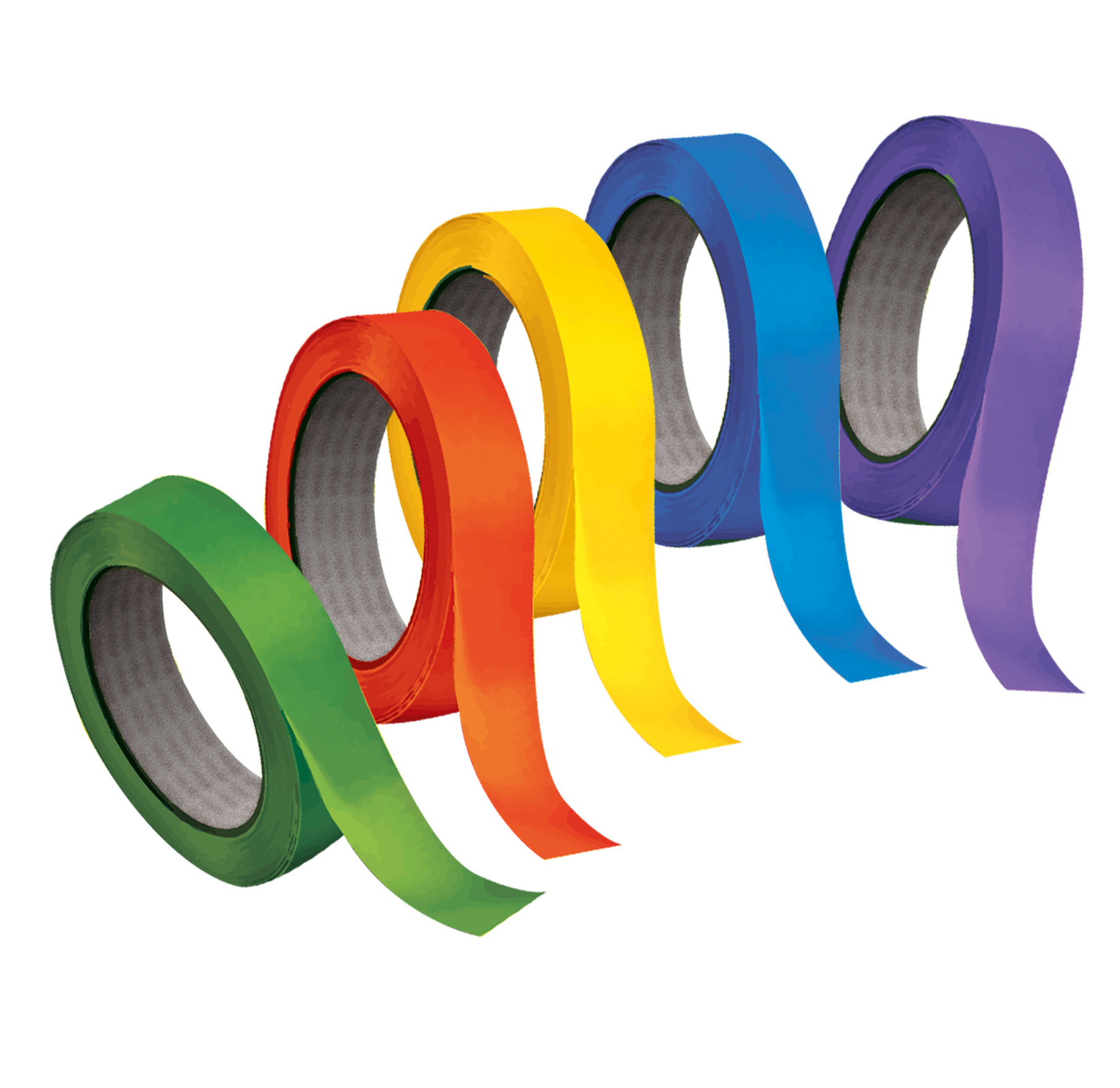 Taśmy w kolorach tęczy w rolkach. Zielony, pomarańczowy, żółty, niebieski i fioletowy. Białe tło.