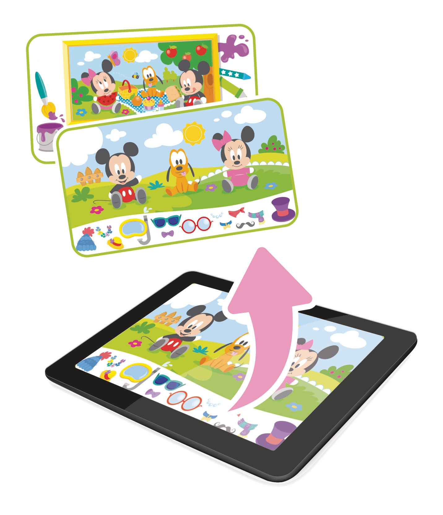 Tablet wyświetla obrazy Myszki Miki. Dwa przykłady rysunków są na górze. Akcesoria na dole.