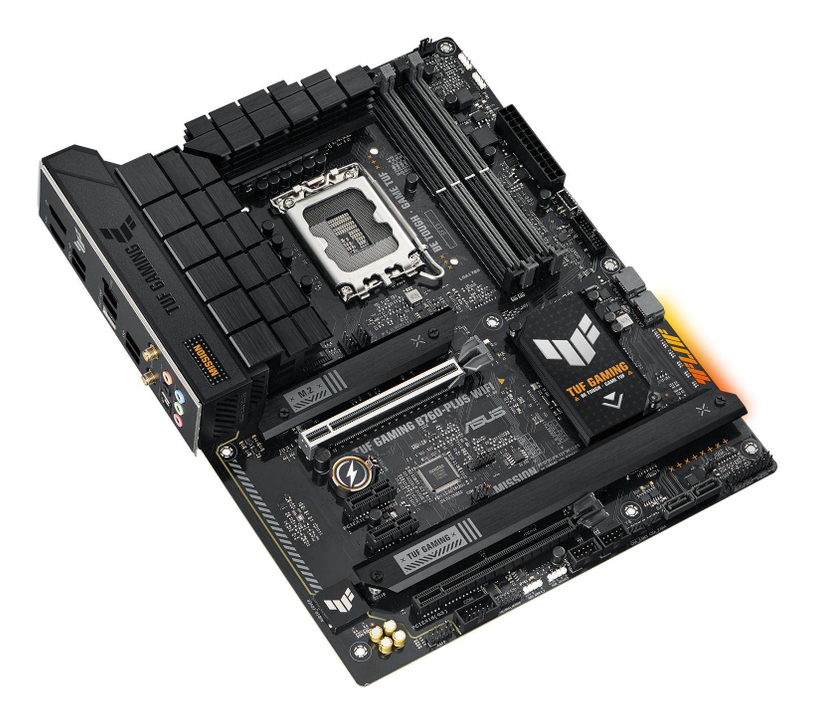 Carte mère TUF Gaming, noire, avec socket CPU, logements RAM et logements d'extension. Accents jaunes et oranges.