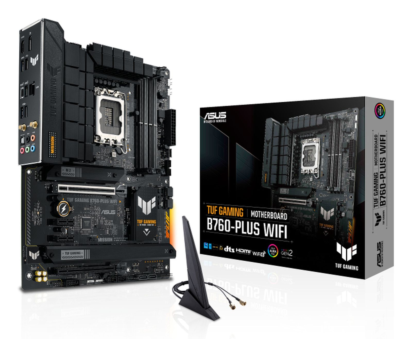 Carte mère TUF Gaming, noire, avec socket CPU, logements RAM, logements d'extension et une boîte.