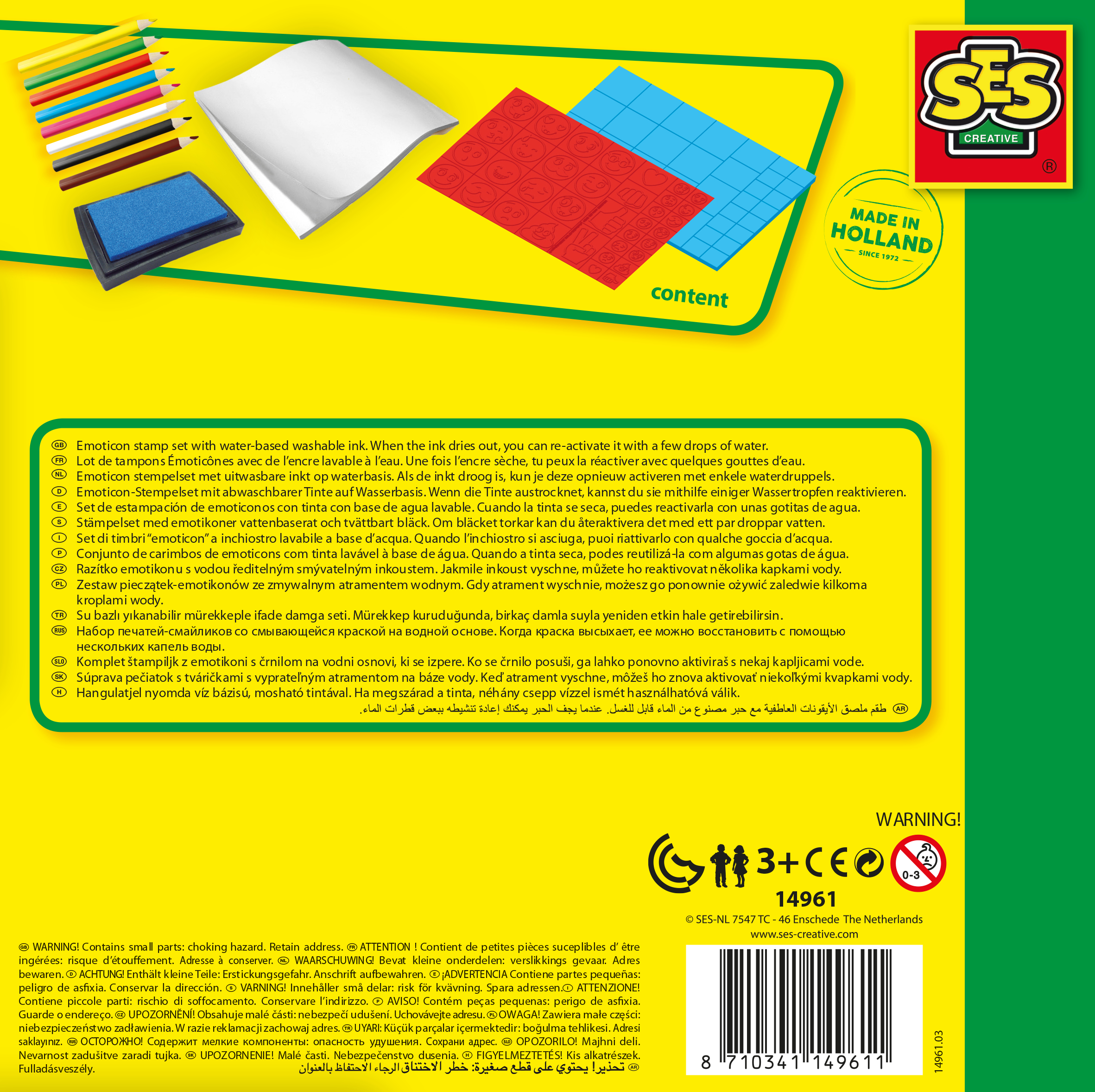 Schachtel mit Stempeln, Stempelkissen und Anleitungstext in verschiedenen Sprachen. Es ist ein SES Creative Produkt mit Warnhinweisen.