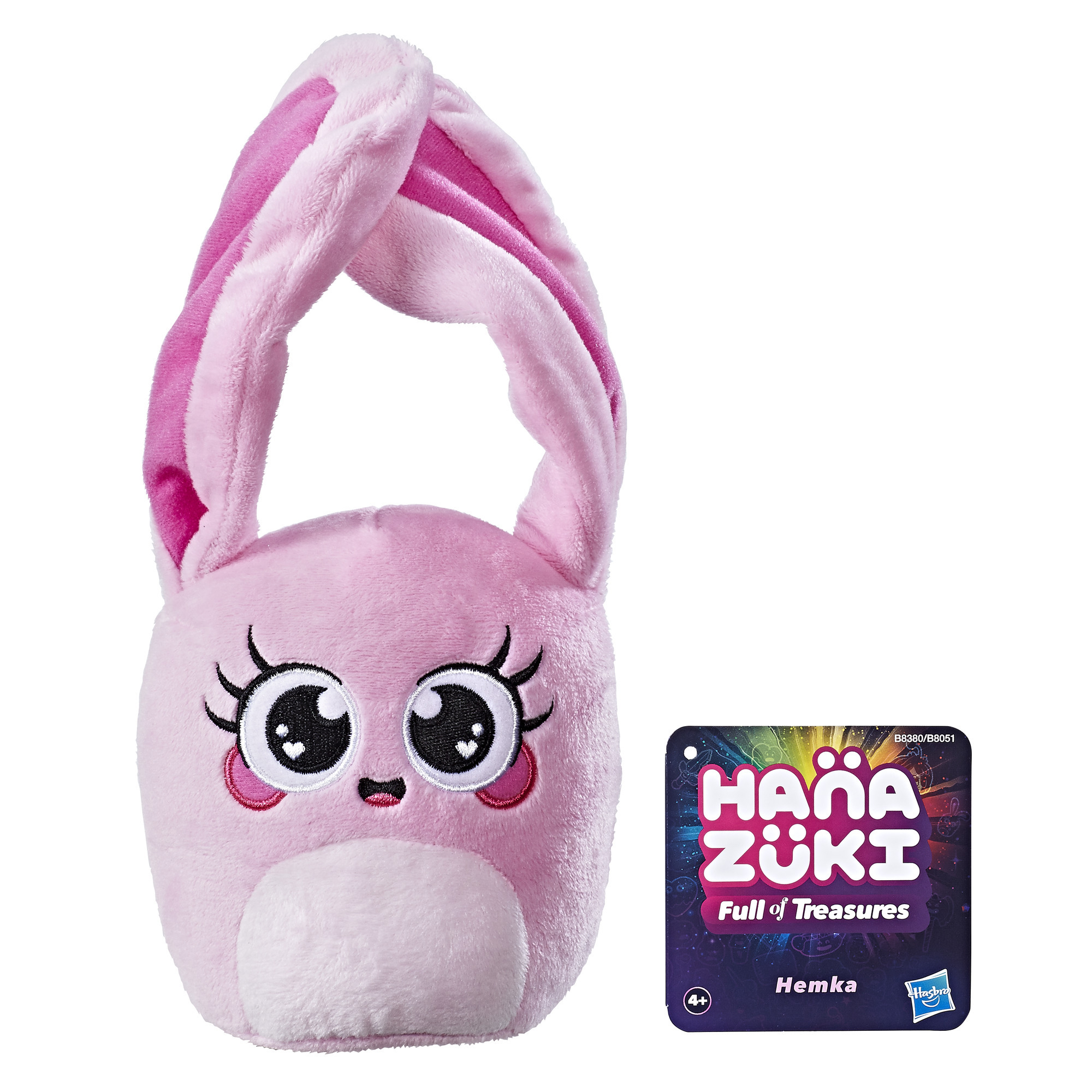 Rosa Häschen-Plüschtier mit rosa Griff und einem Etikett mit dem Text 'Hana Zuki'.