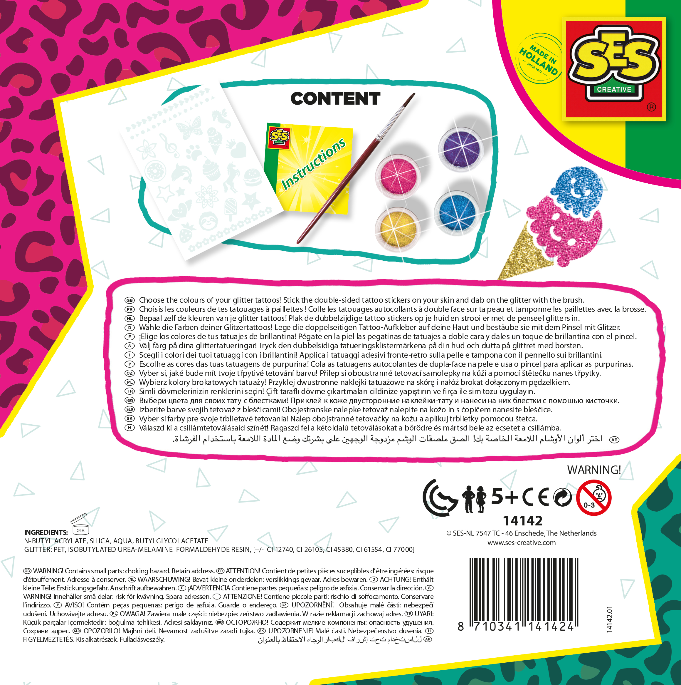 Opakowanie z naklejkami z brokatowymi tatuażami. Opakowanie zawiera instrukcje i brokat.