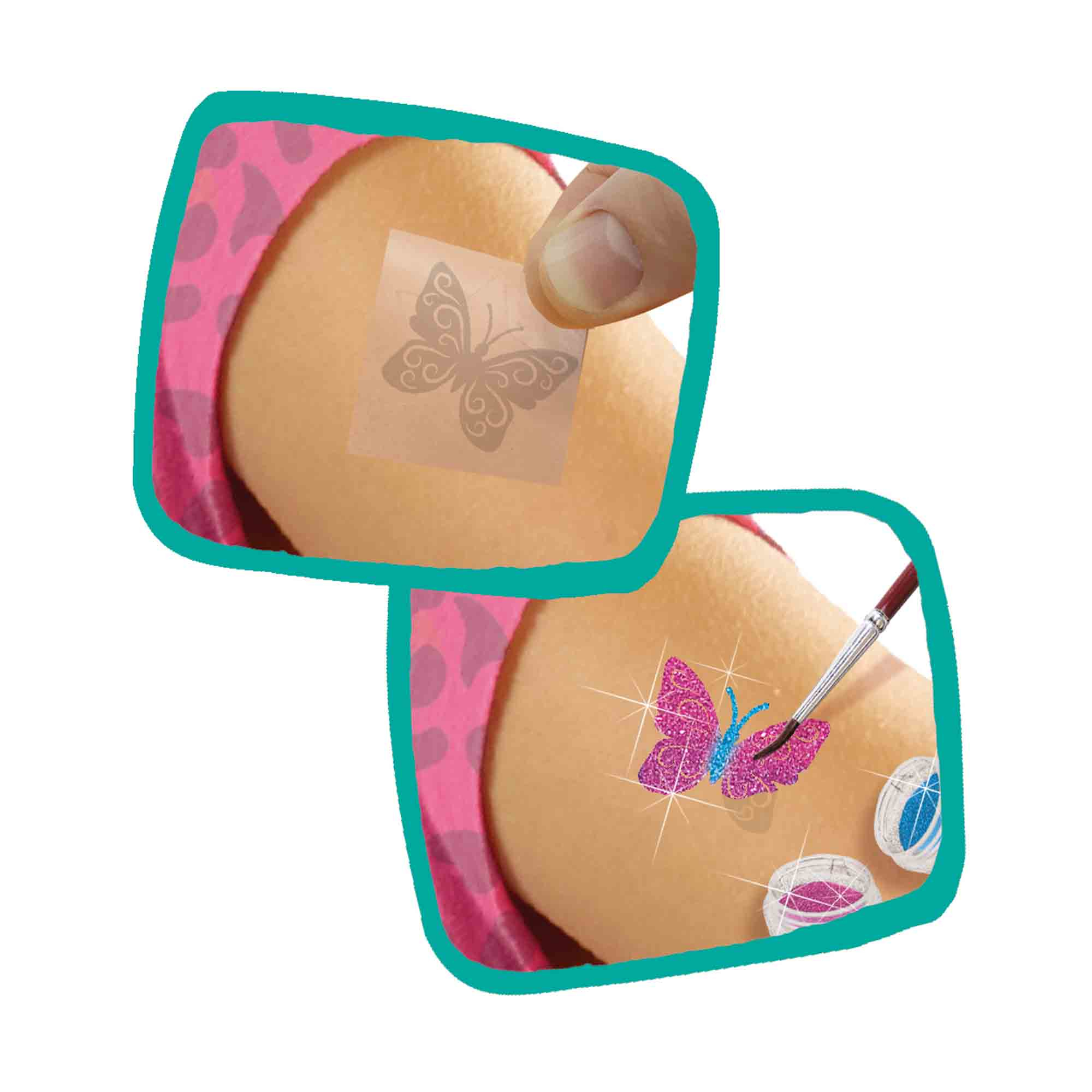 Zbliżenie dłoni nakładającej brokatowy tatuaż motyla na ramię osoby.