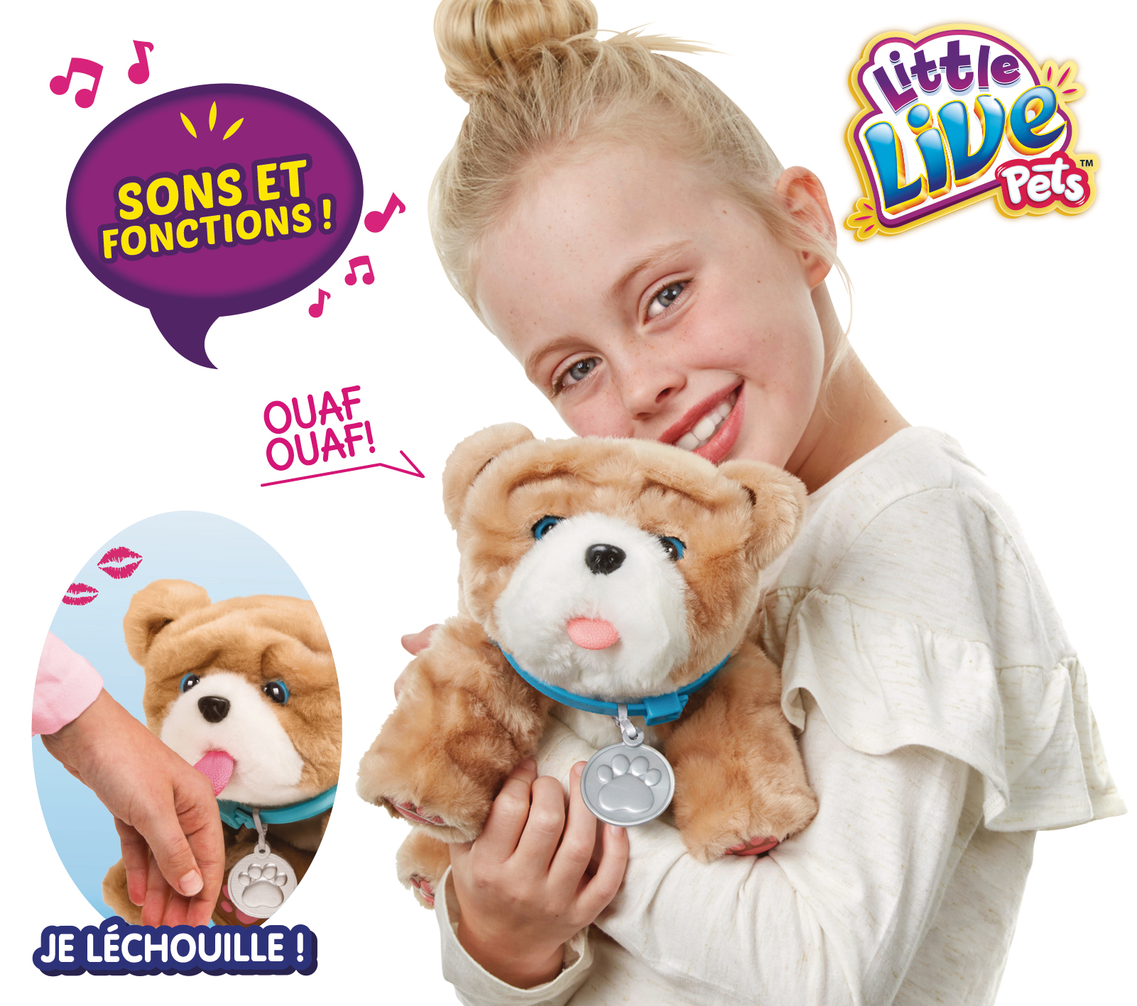 Una ragazza sorridente che tiene in mano un cane giocattolo di peluche. Le nuvolette dicono 'Sons et Fonctions!' e 'Je léchouille!'