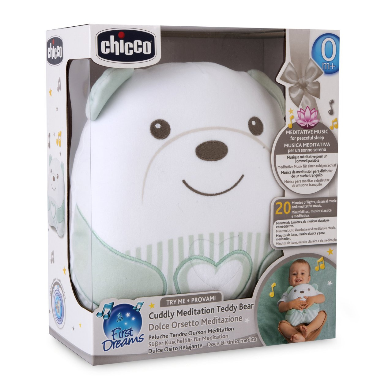 Miś w pudełku, z tekstem o muzyce medytacyjnej do snu. Dziecko jest pokazane z misiem.
