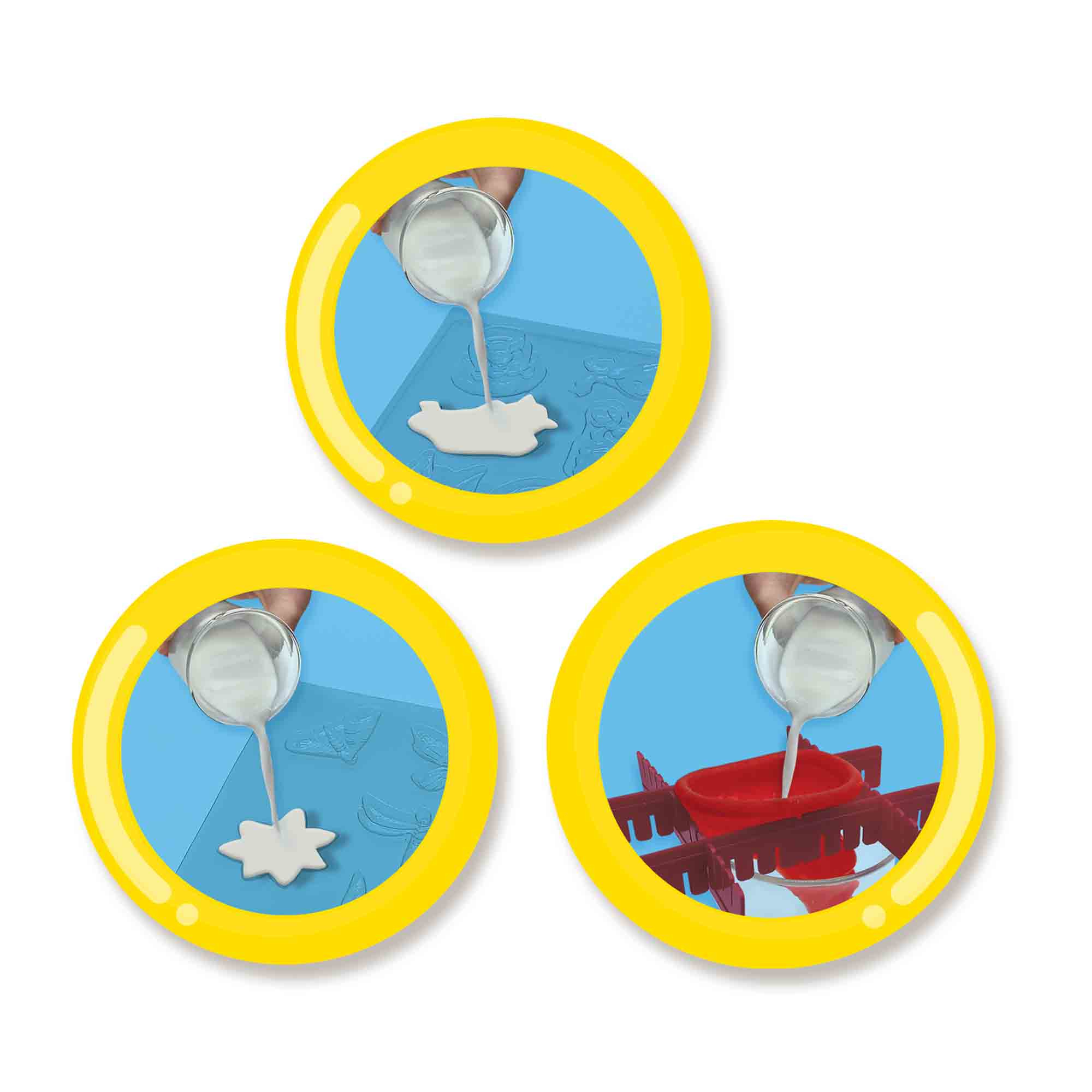 Trzy obrazy projektu rzemieślniczego. Wlewanie białej cieczy do form. Żółta okrągła ramka.