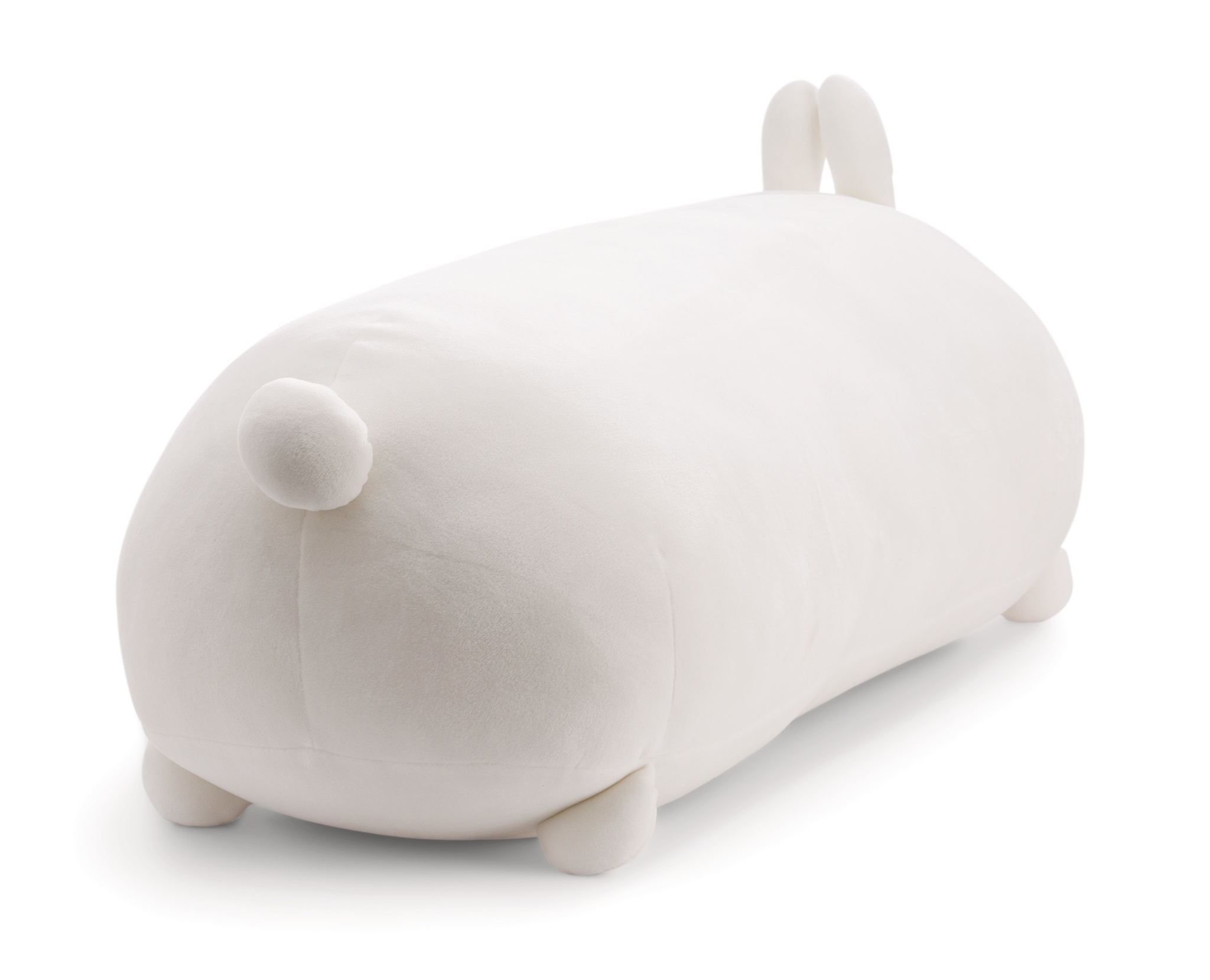 Biała pluszowa zabawka w kształcie królika, widok z tyłu.
