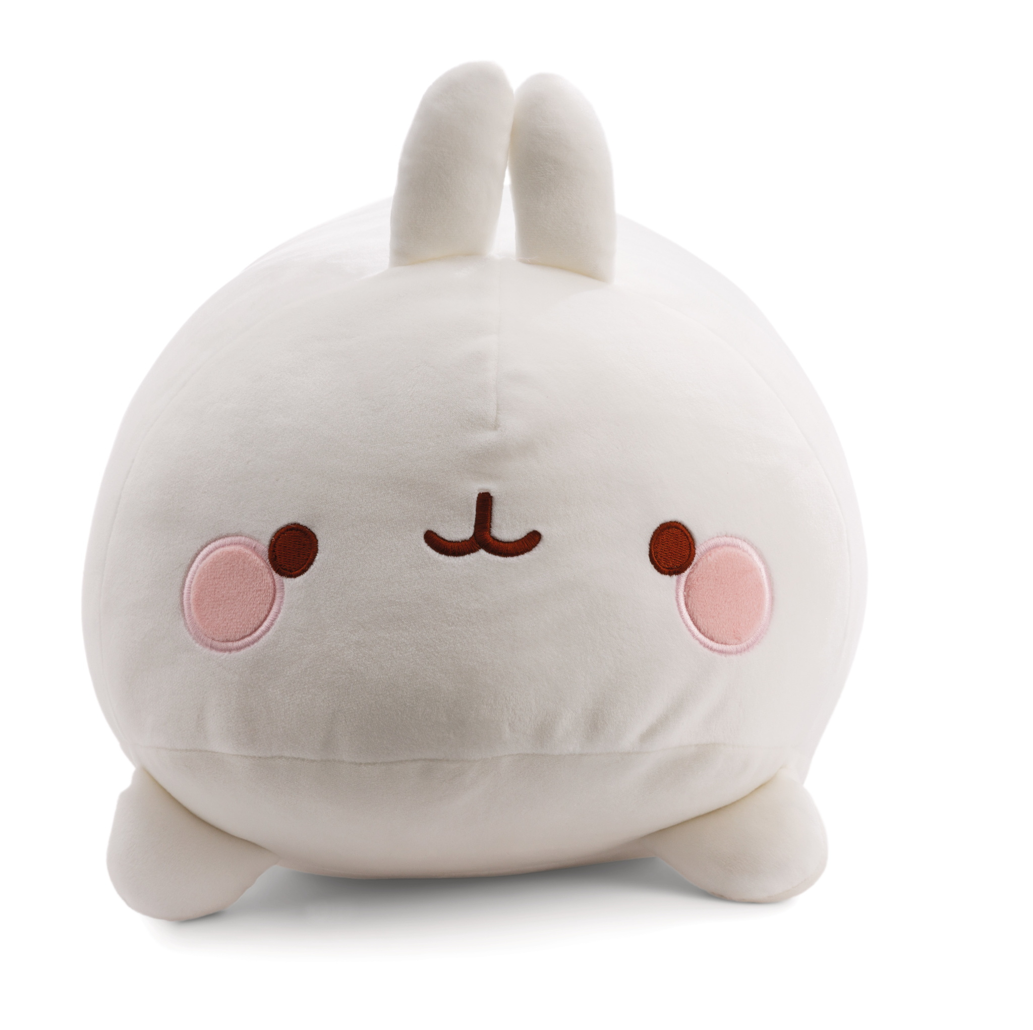 Biała, pluszowa poduszka w kształcie królika, o okrągłym kształcie, z małą buzią i uszami, na białym tle.