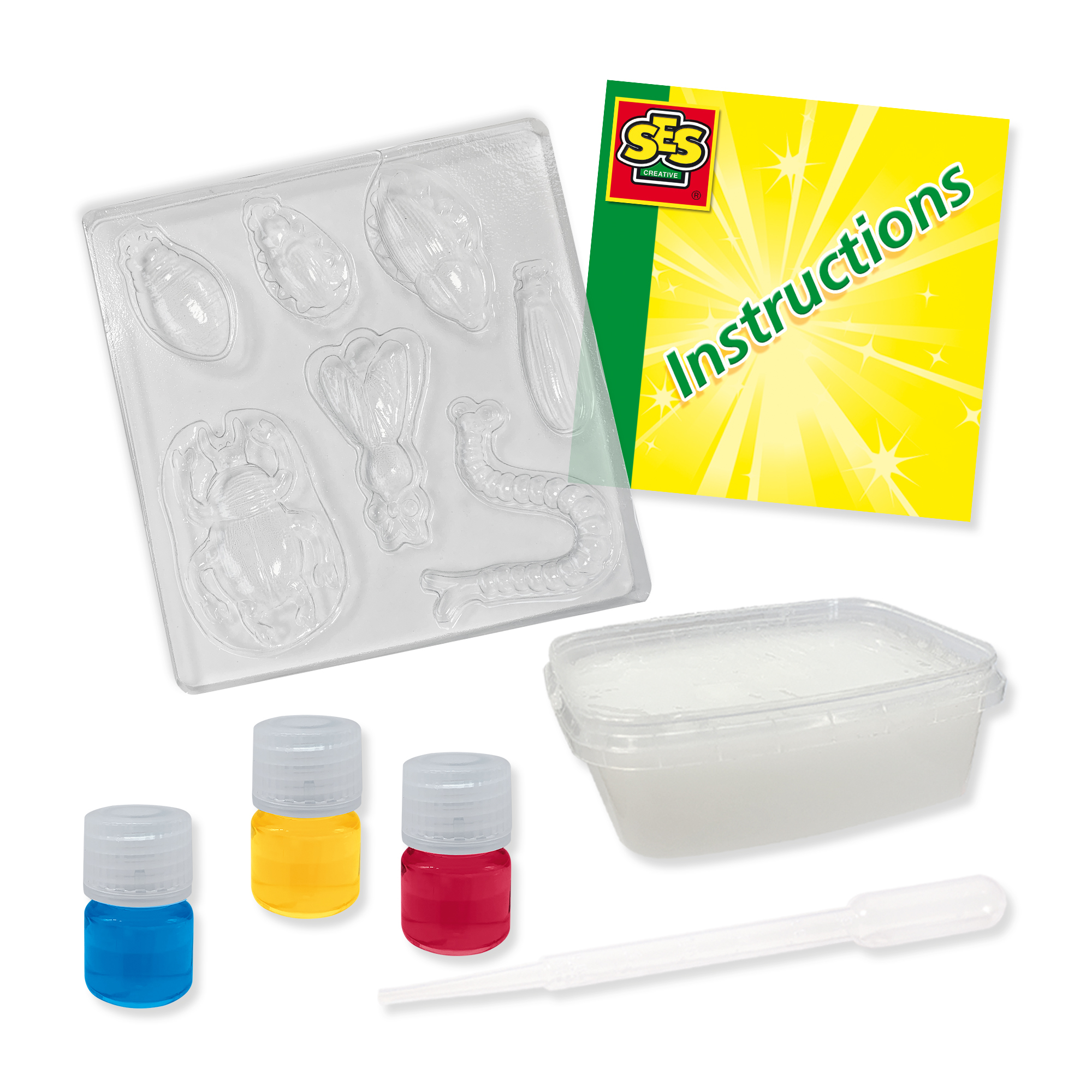 Instrukcja obsługi, formy i kolorowe płyny do projektu rzemieślniczego z odlewami w kształcie owadów.