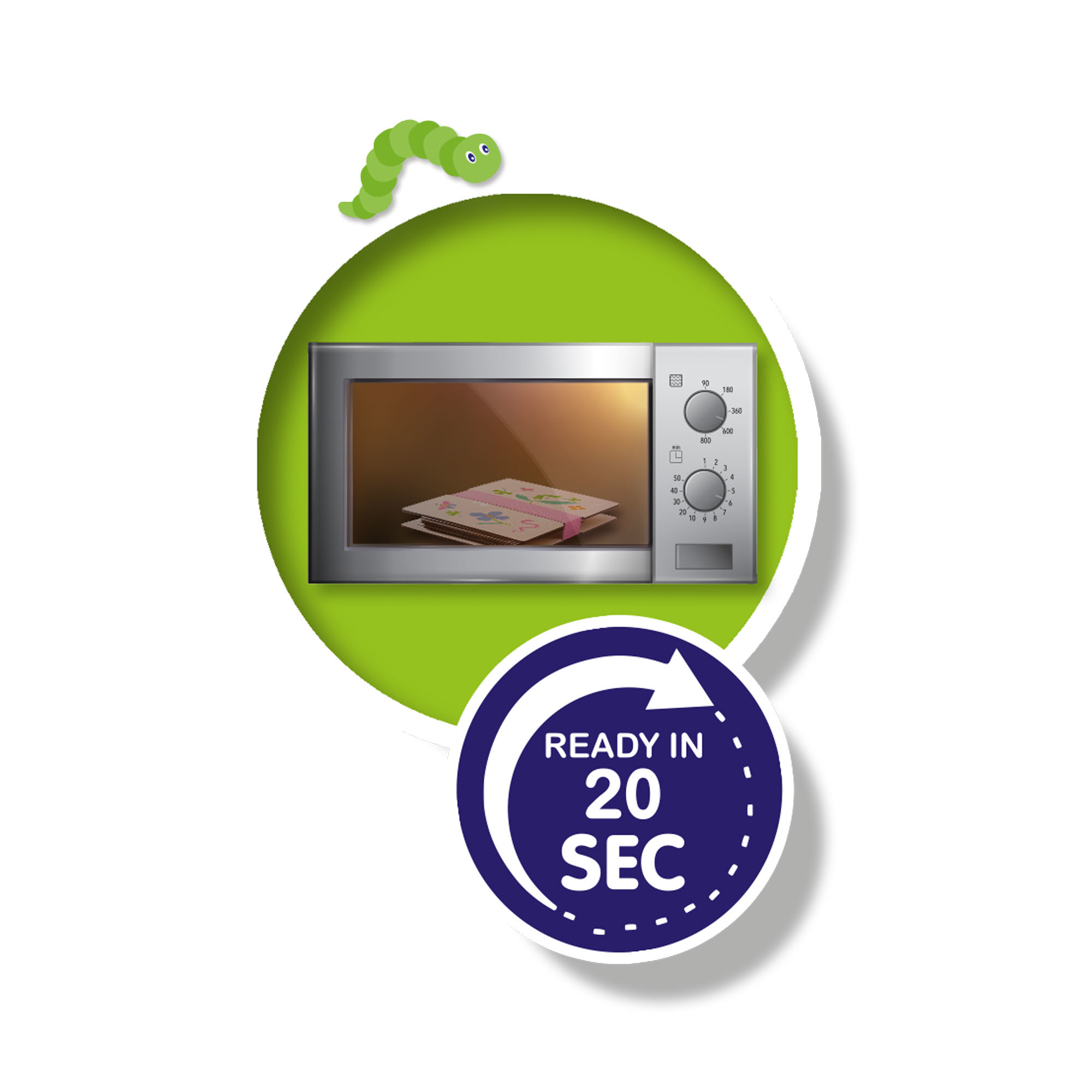 Kuchenka mikrofalowa z prasą do kwiatów w środku, otoczona zielonym okręgiem z etykietą gotowe w 20 sekund.