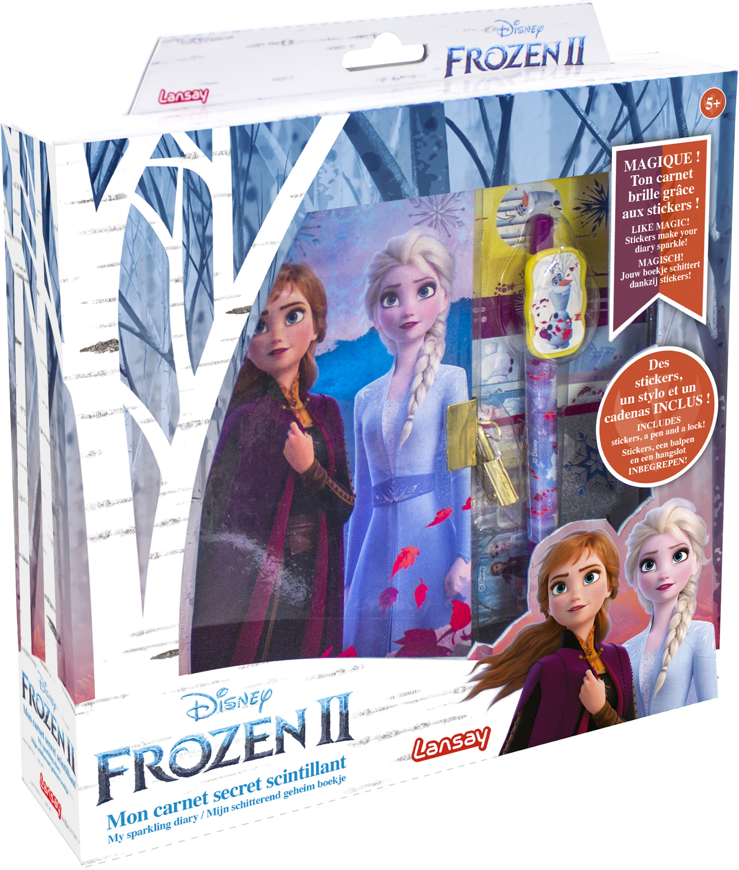 Zestaw pudełkowy Frozen II z postaciami z filmu. Zawiera pamiętnik, naklejki i zamek.