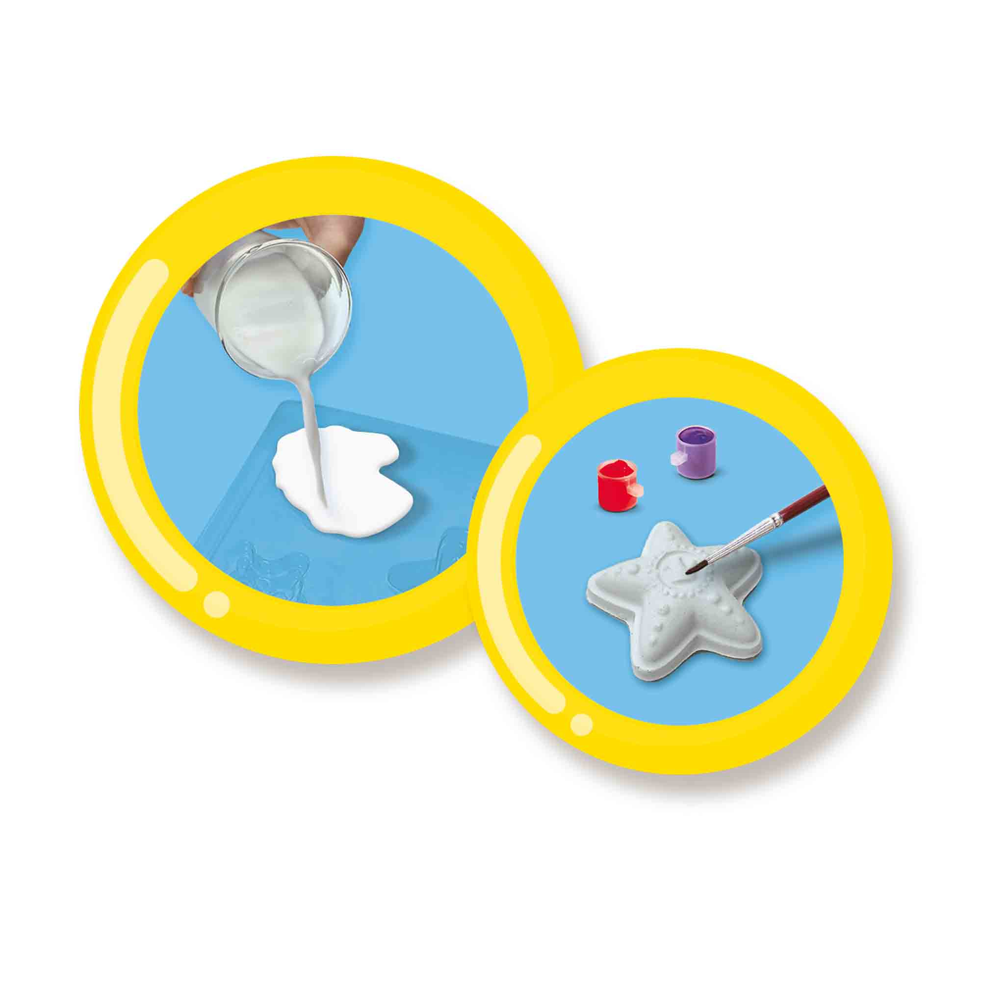 Dwa okrągłe obrazy projektu rzemieślniczego pokazujące kroki wlewania i malowania.