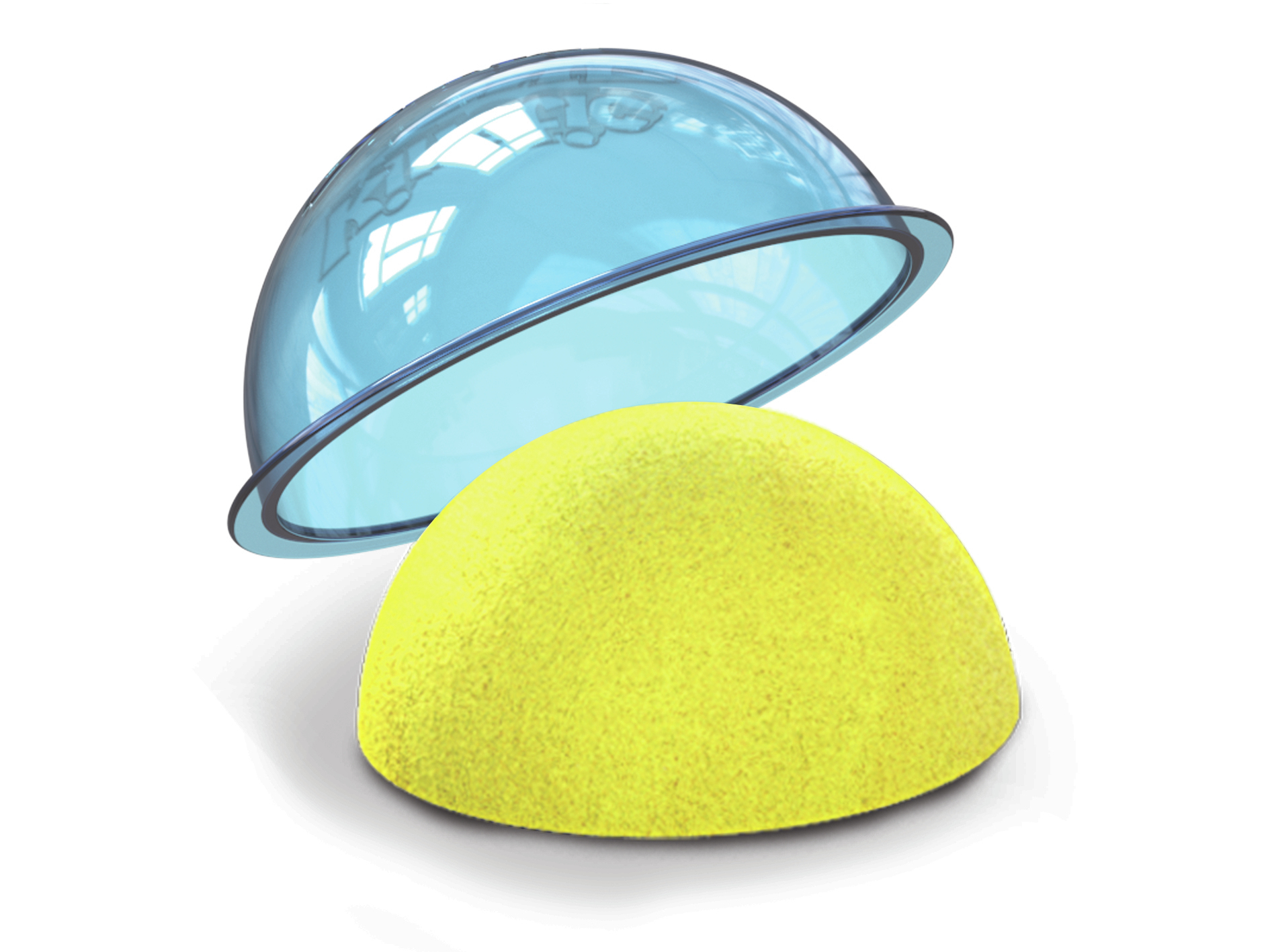 Przezroczysta kopuła z żółtym piaskiem w środku i luźną połówką kopuły.