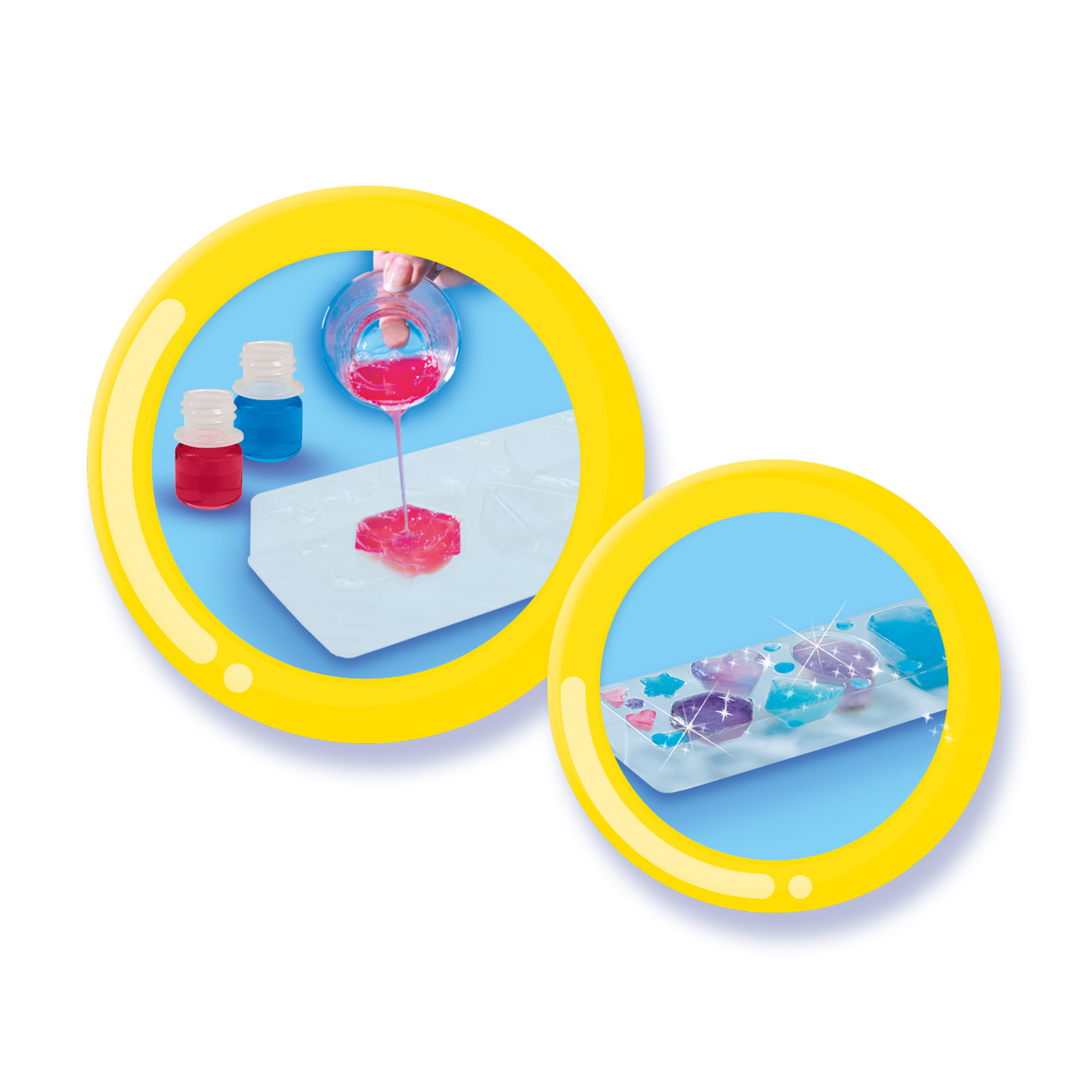 Dwa okrągłe obrazy pokazujące eksperyment naukowy z kolorowymi płynami.