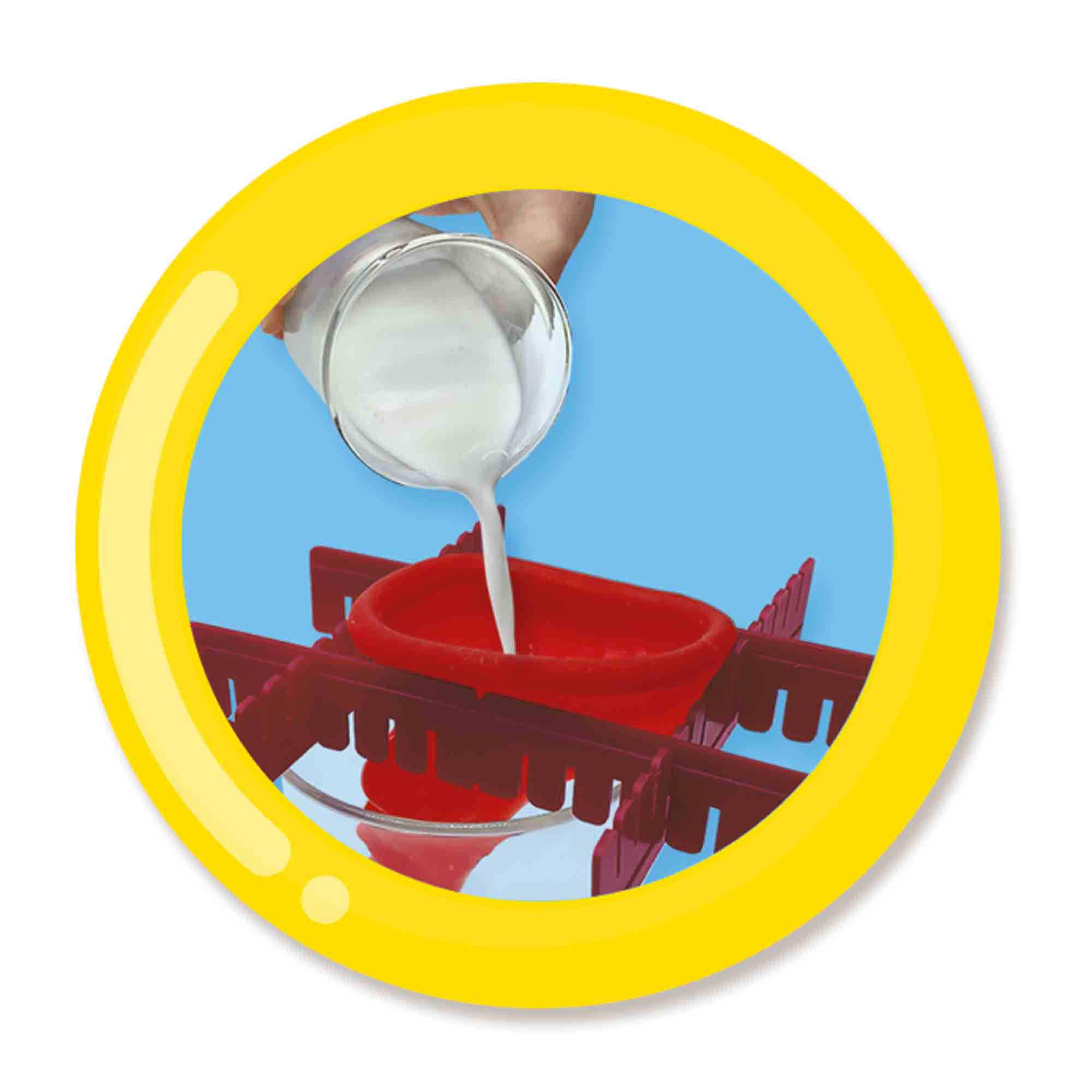 Obraz w okręgu, wlewanie płynu ze szklanki do czerwonej formy.