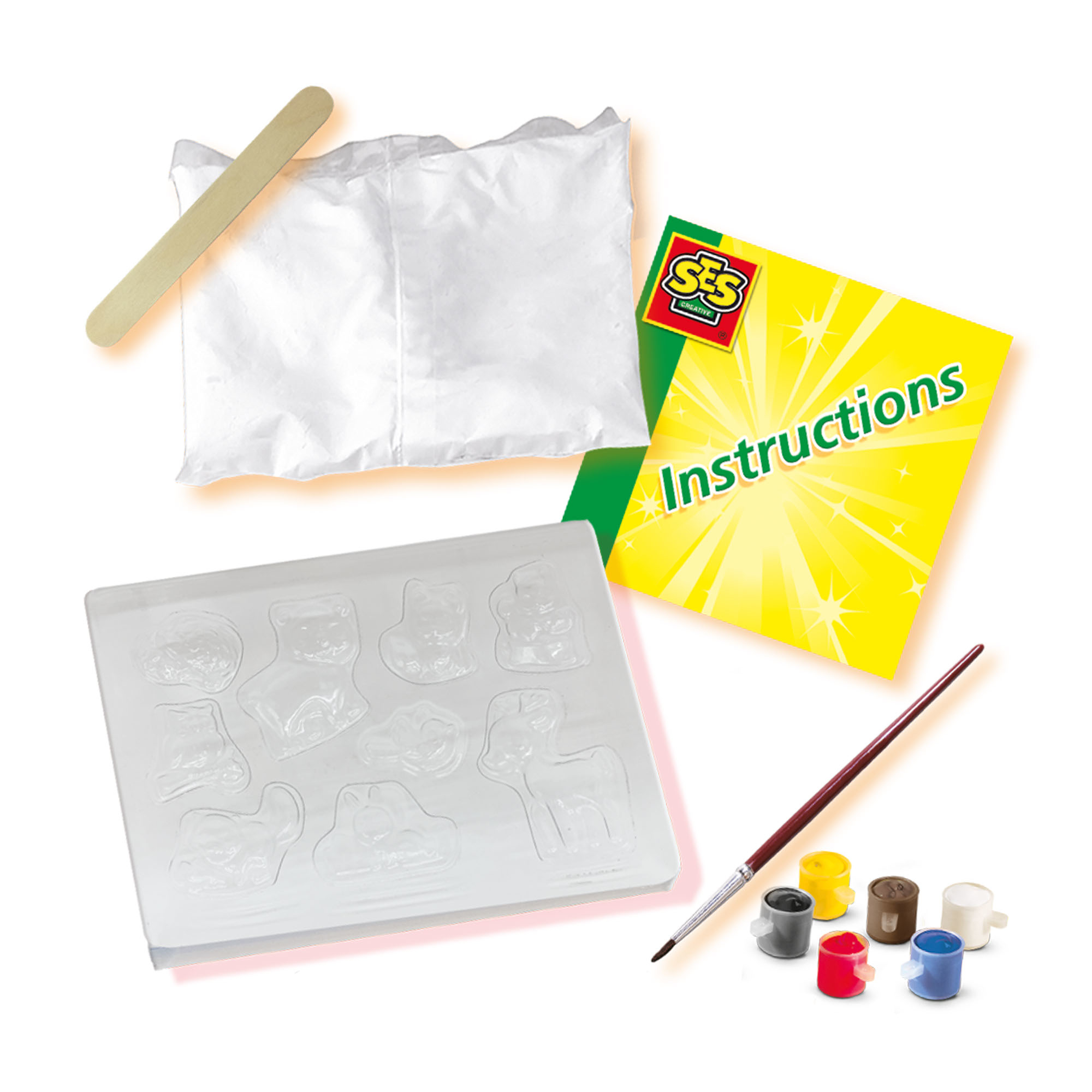 Zestaw zabawek z formami, farbami, pędzlem i instrukcjami.