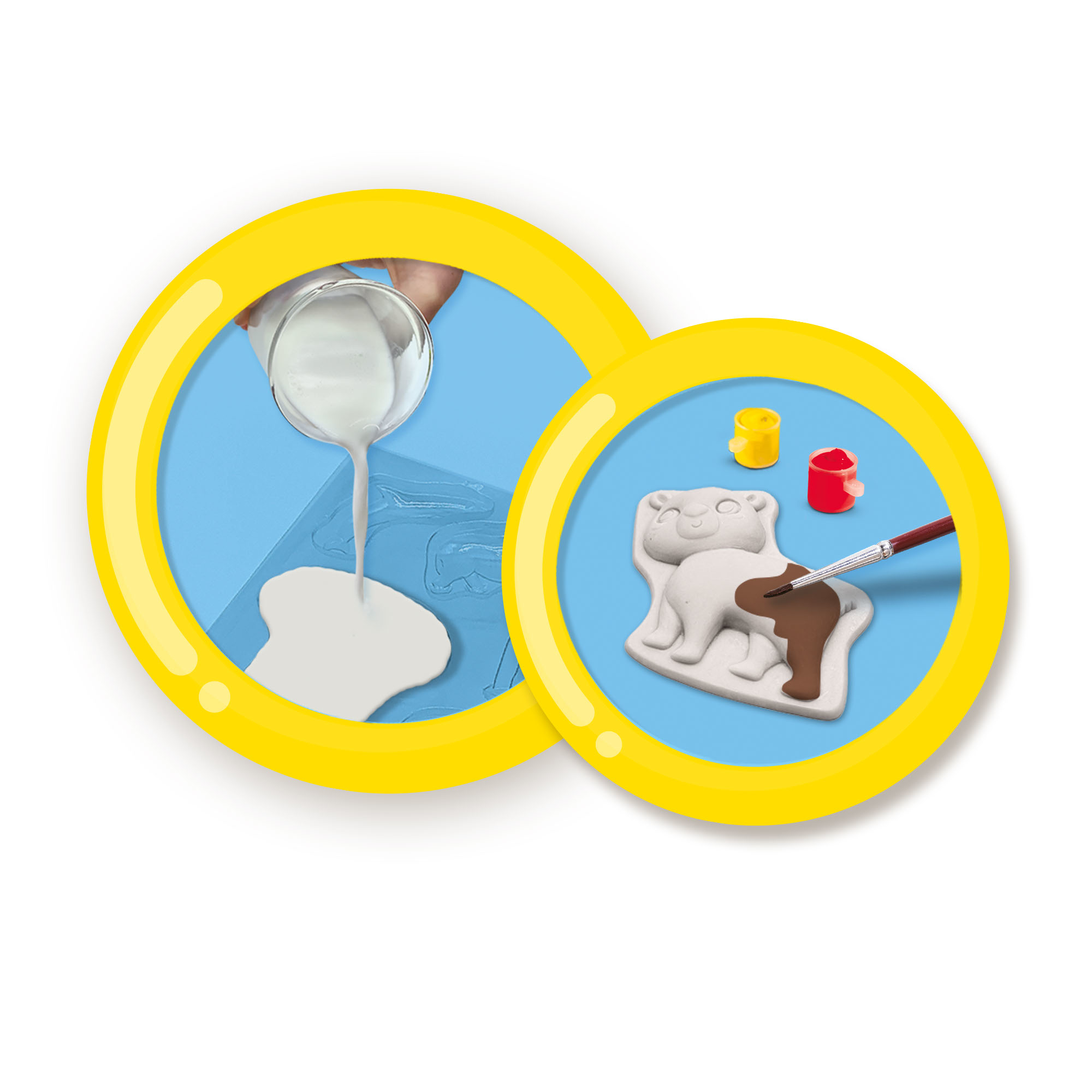 Dwa okrągłe obrazy pokazujące odlewanie i malowanie niedźwiedzia.