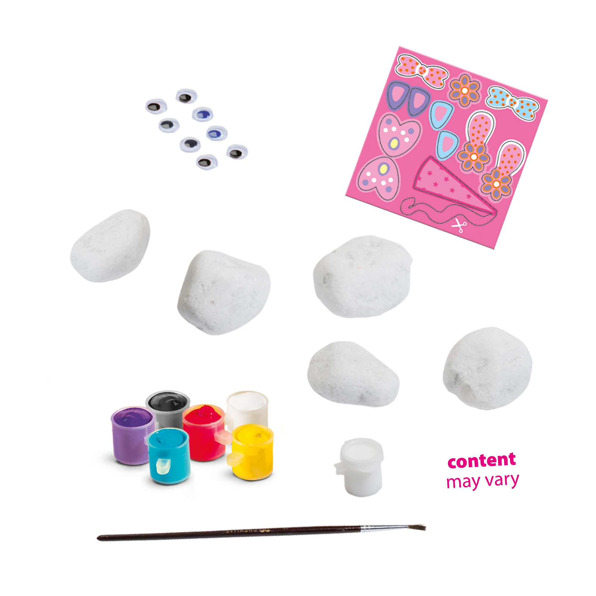 Różne materiały rzemieślnicze: białe kamienie, farby, naklejki, ruchome oczy i pędzel.