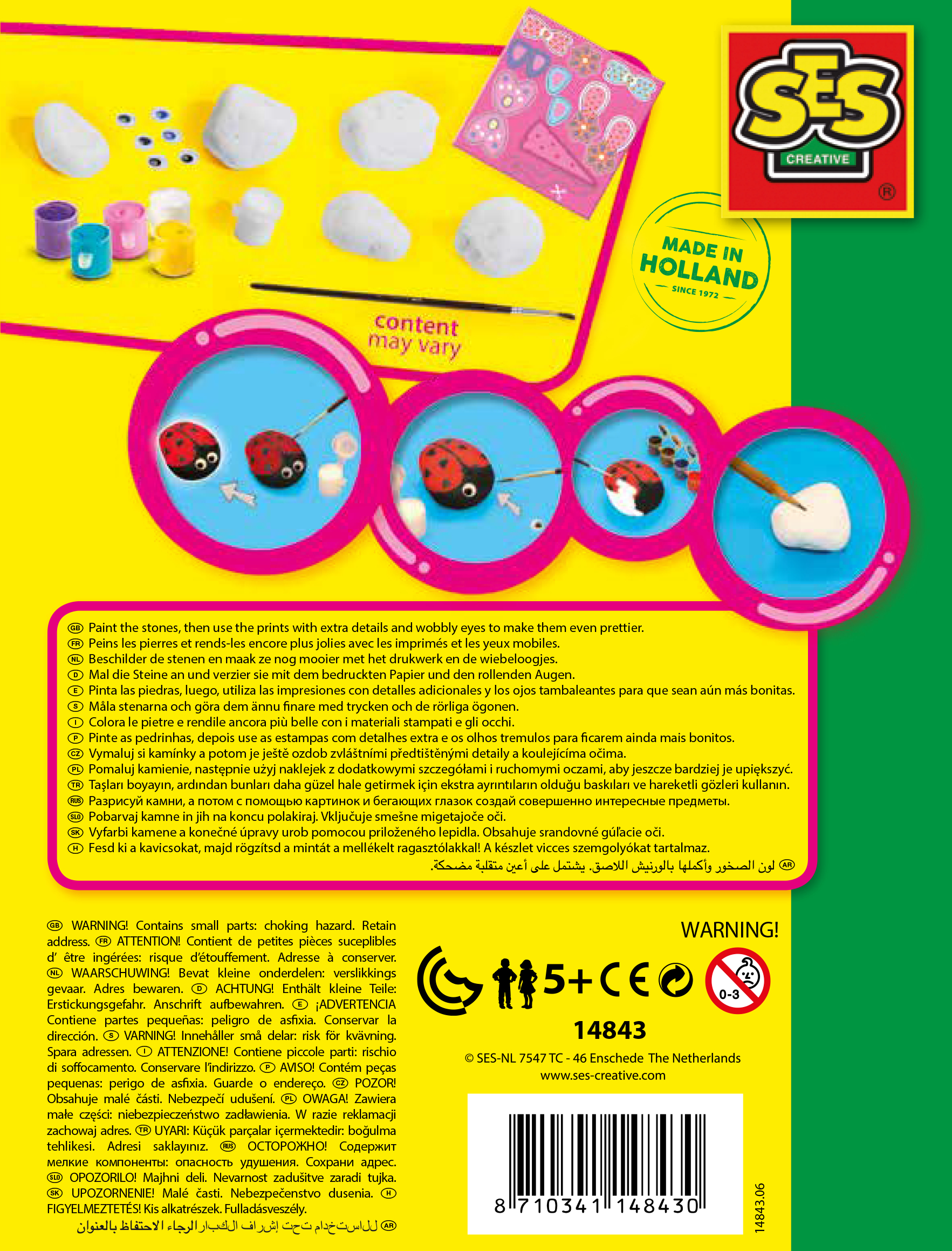 Tył zestawu rzemieślniczego z instrukcjami i zawartością produktu. Biedronki, motyle i inne.