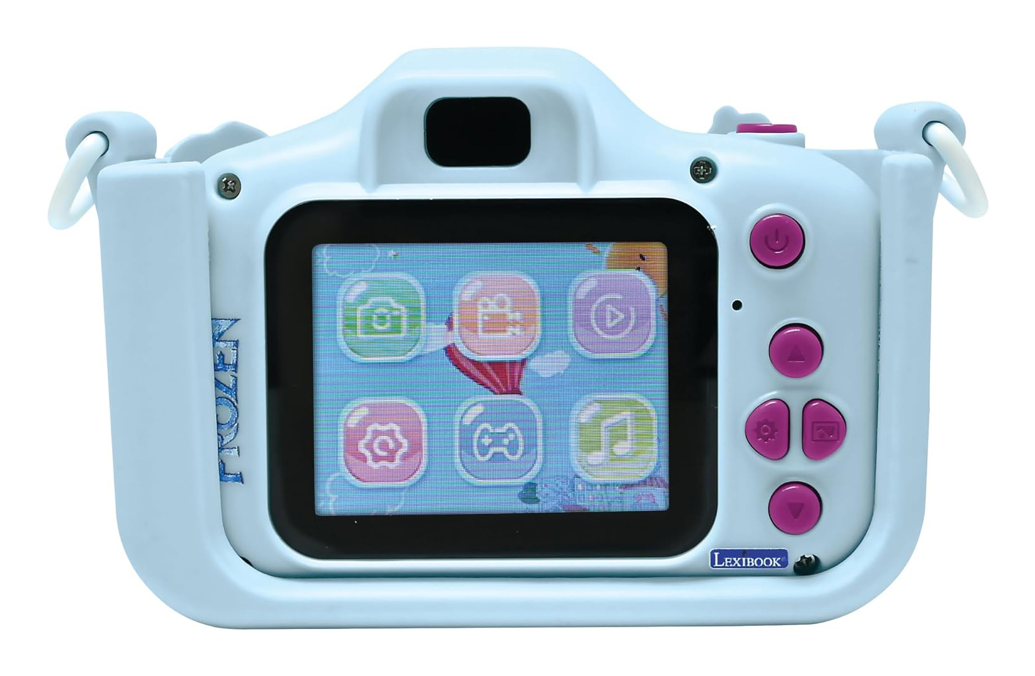 Un giocattolo a forma di fotocamera Frozen blu con uno schermo. Sono visualizzate le icone delle funzioni della fotocamera.