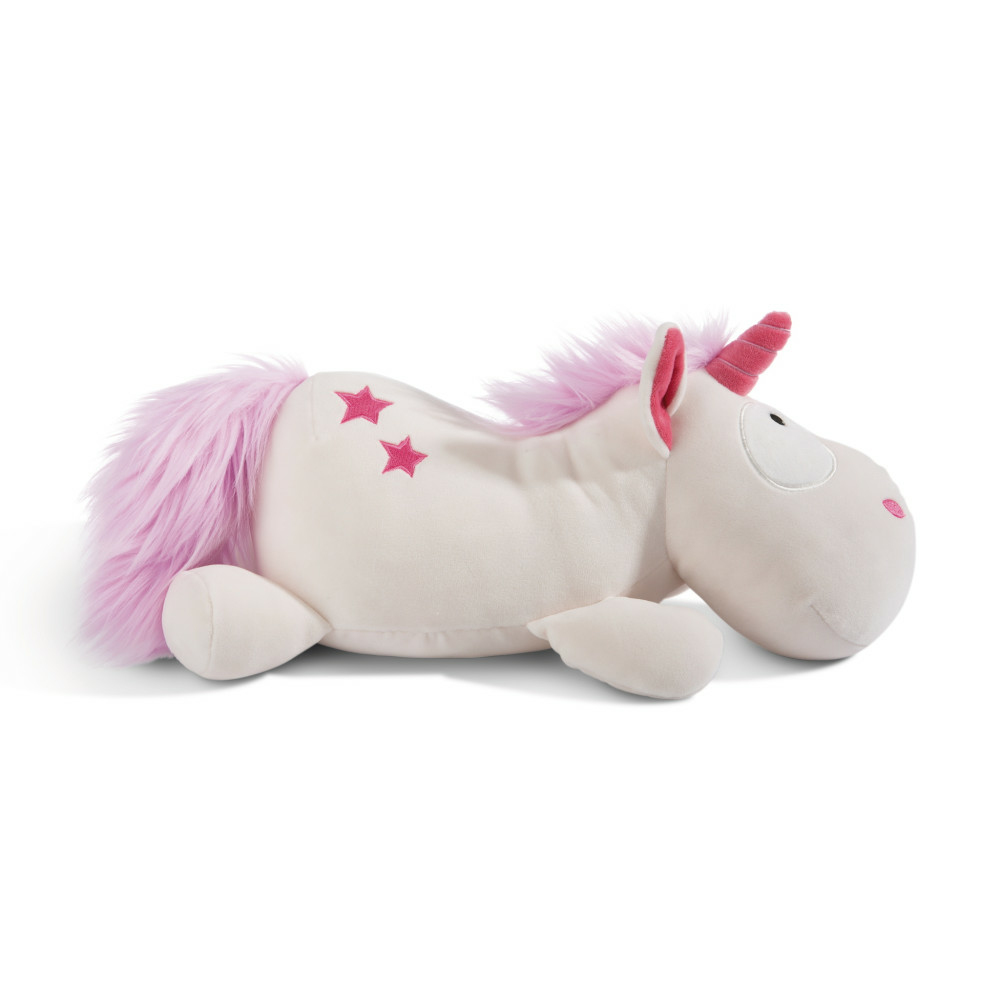 Ein weißes Einhorn-Plüschtier mit rosa Mähne, Schwanz und Horn. Zwei Sterne sind an der Seite.