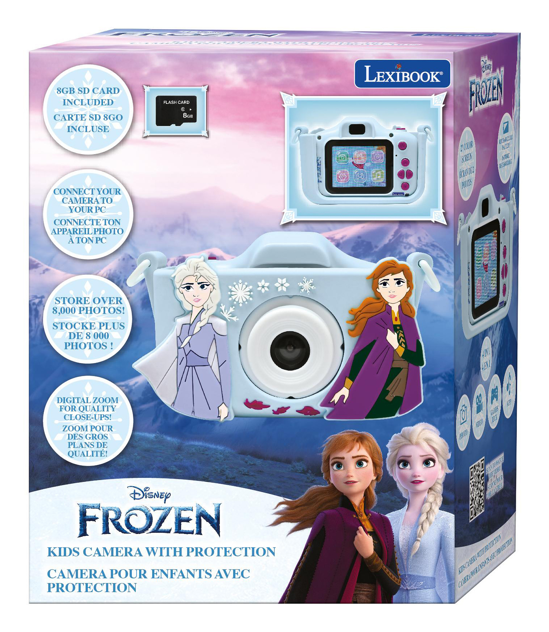 Una scatola per fotocamera blu a tema Frozen con la fotocamera e Anna ed Elsa sulla parte anteriore.