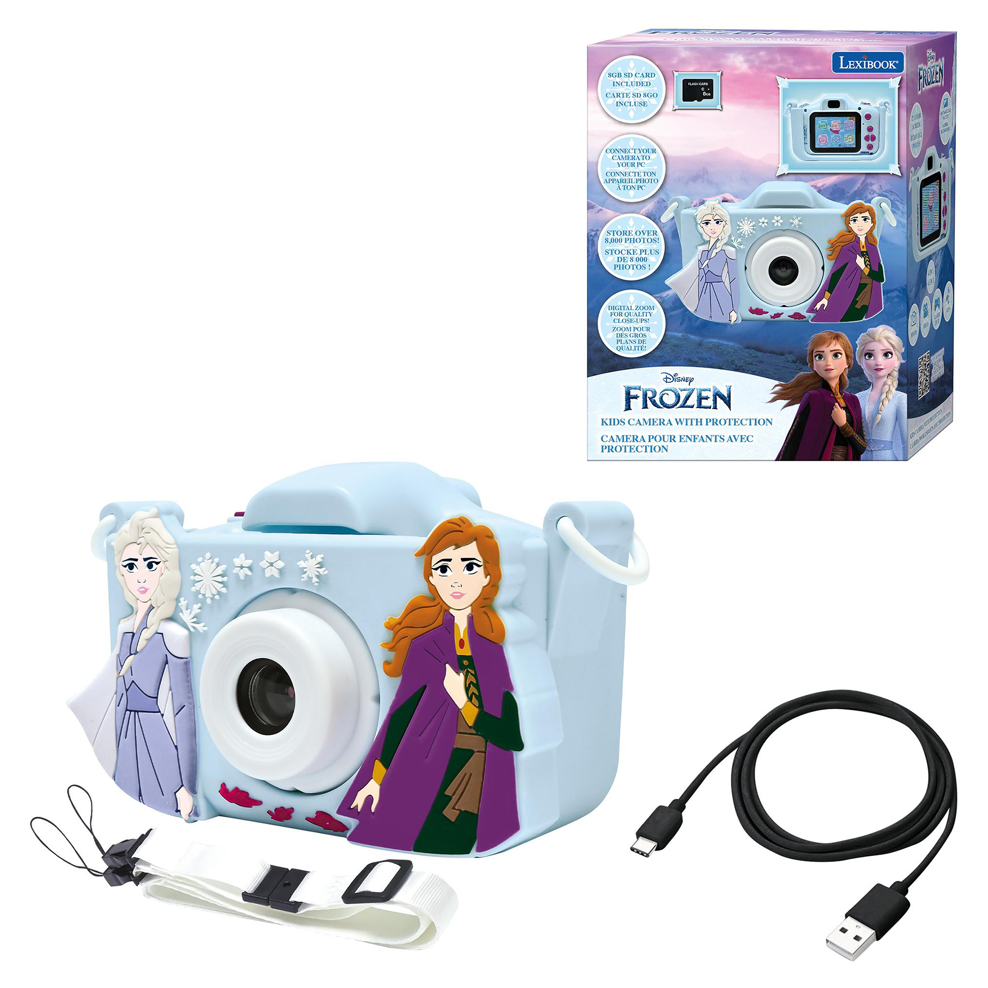 Un giocattolo a forma di fotocamera Frozen con scatola e accessori. La fotocamera ha Anna ed Elsa sopra.