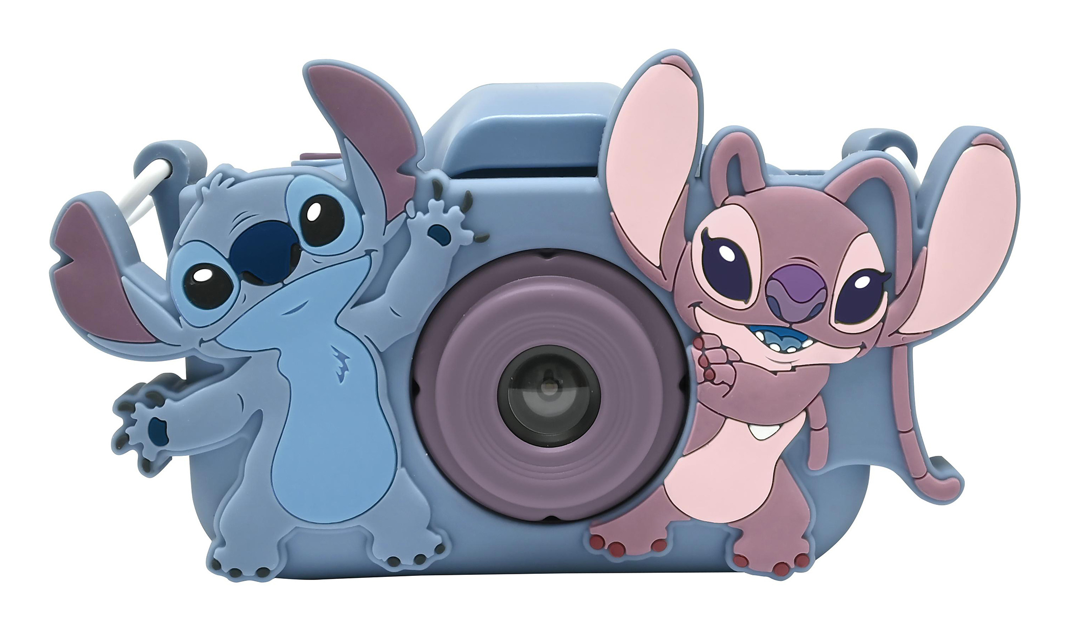 Postacie Stitch i Angel na niebieskim aparacie zabawkowym.