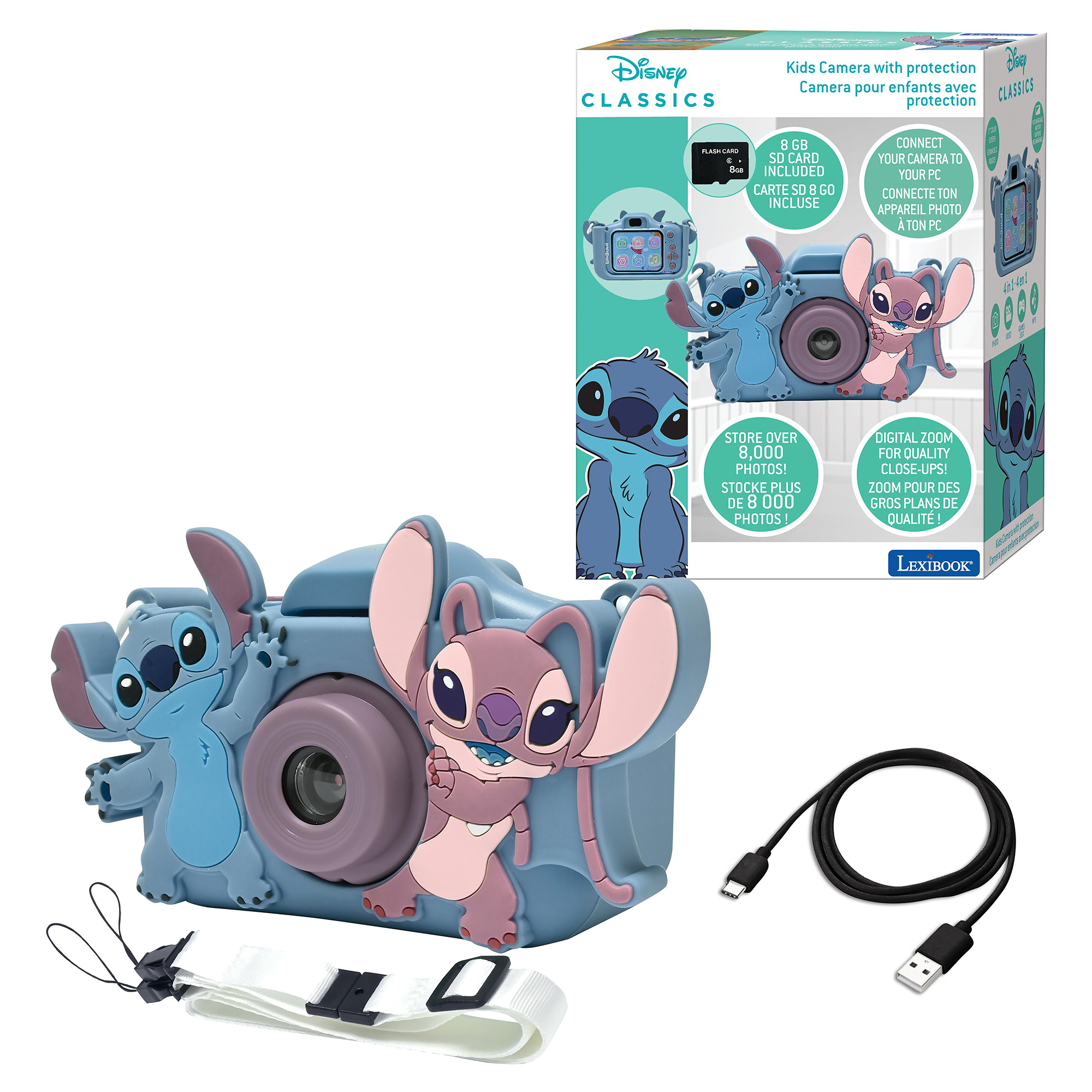 Zabawka aparatu Disney Stitch z paskiem, pudełkiem i kablem USB na białej powierzchni.