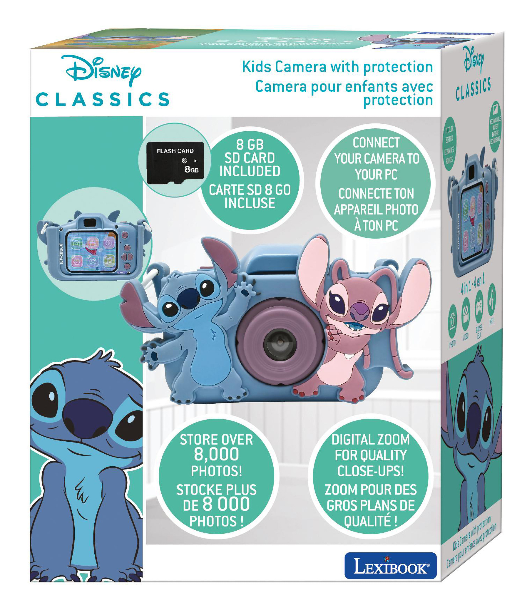 Pudełko z aparatem z postaciami Disneya i obrazem aparatu. Zawiera kartę SD i wymienione funkcje.