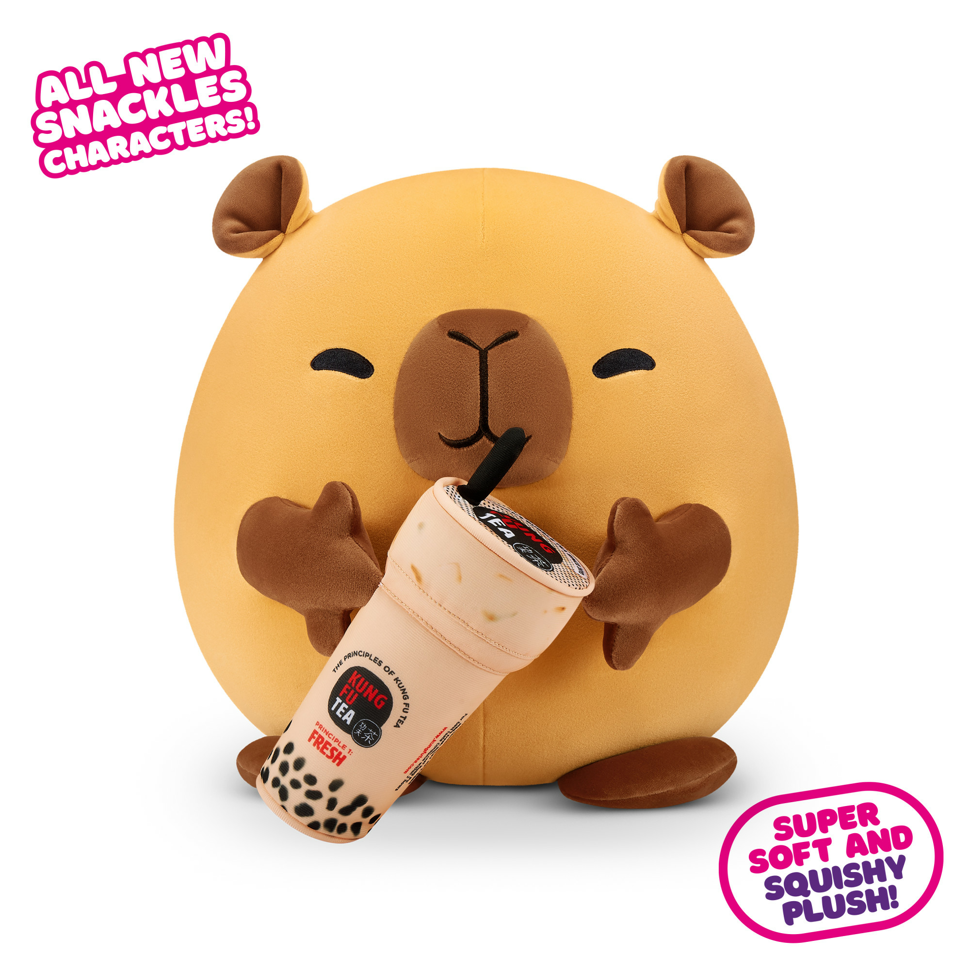 Ein gelbes Plüsch-Wasserschwein, das ein Bubble Tea hält. Es hat ein lächelndes Gesicht.