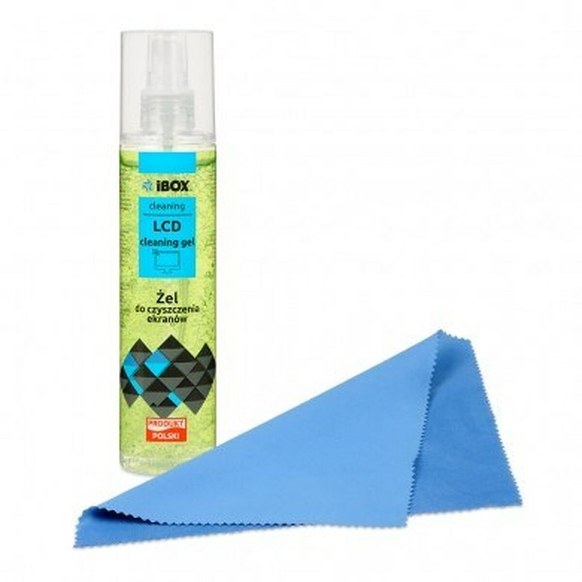 Żel do czyszczenia LCD i niebieska ściereczka do czyszczenia. Żel znajduje się w butelce z rozpylaczem z tekstem w wielu językach.