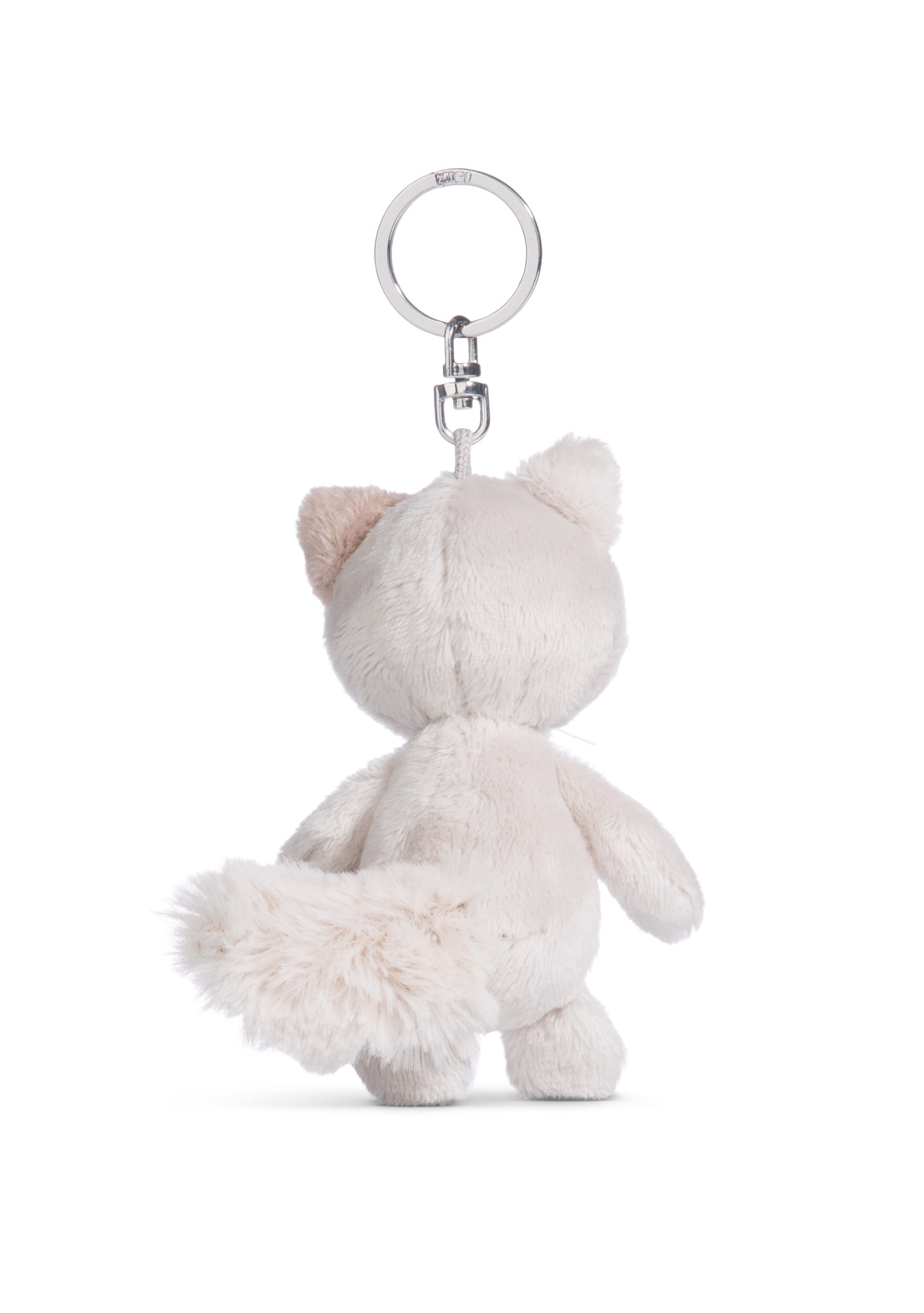 Pluszowy brelok do kluczy w kształcie kota, widok z tyłu. Ma beżowy korpus, puszysty ogon i srebrny pierścień.