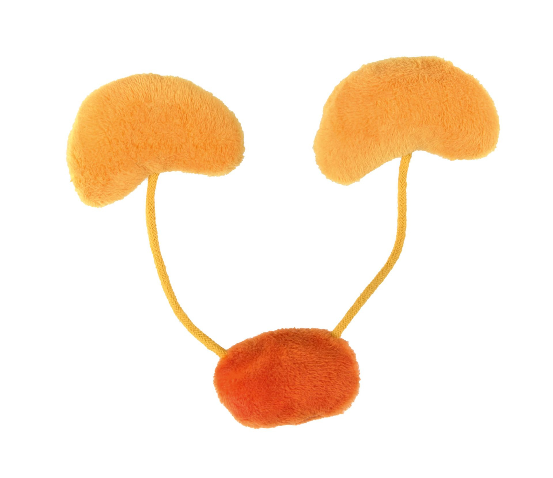 Peluche arancione a forma di reni e vescica, con tubi di collegamento gialli, su sfondo bianco.