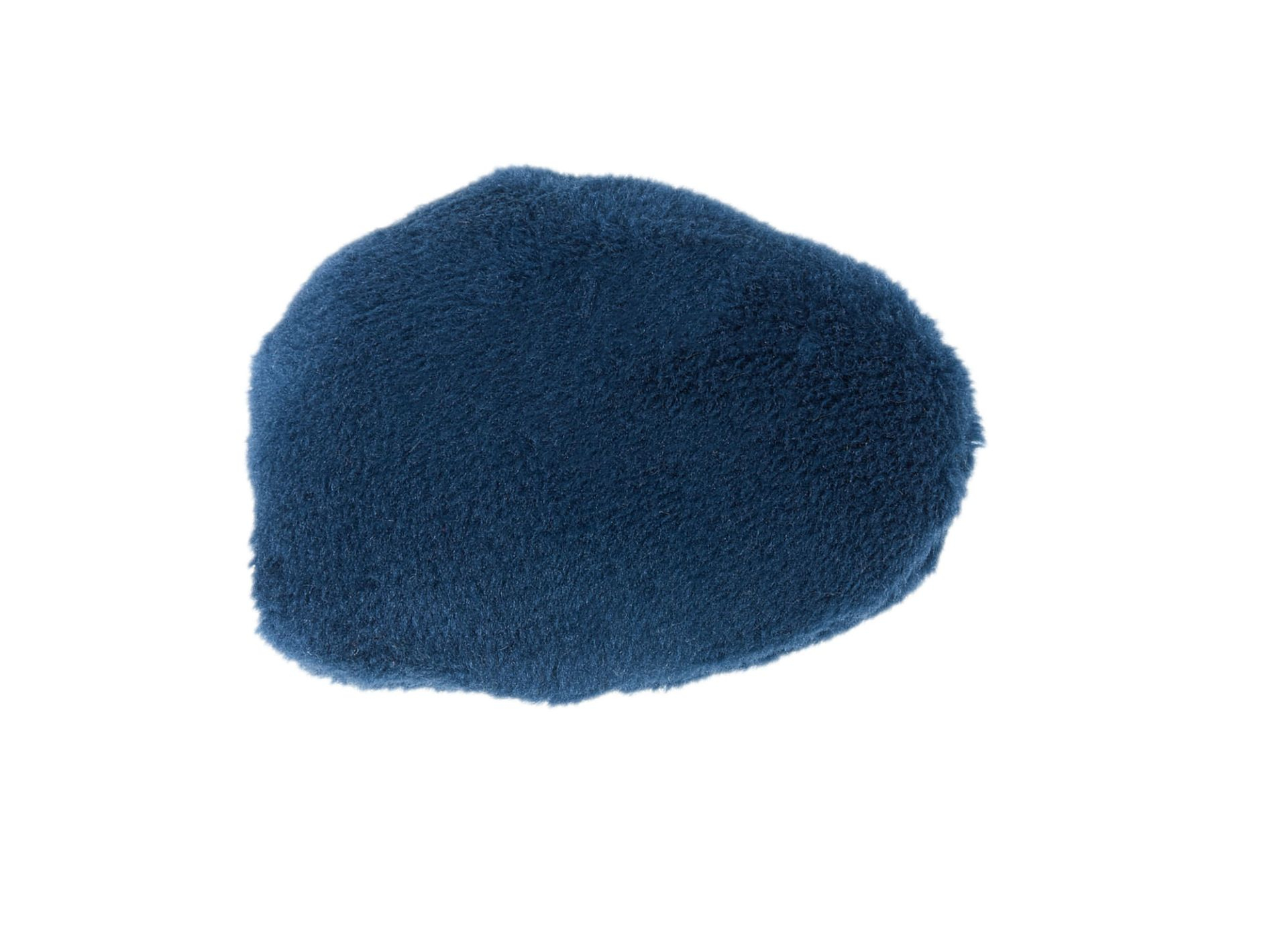 Un oggetto blu e peloso. L'oggetto ha una forma e una consistenza uniche, su sfondo bianco.
