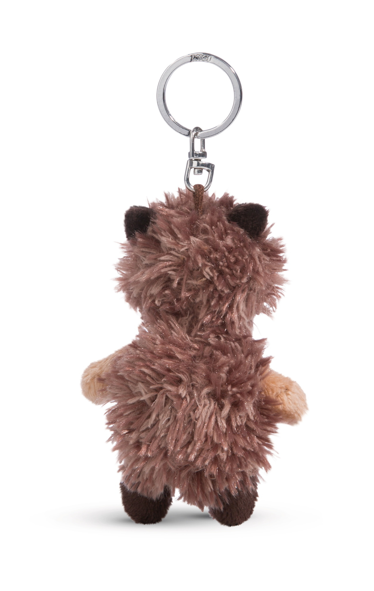 Pluszowy brelok, widok z tyłu, brązowego, futrzanego zwierzęcia ze srebrnym kółkiem. Białe tło.