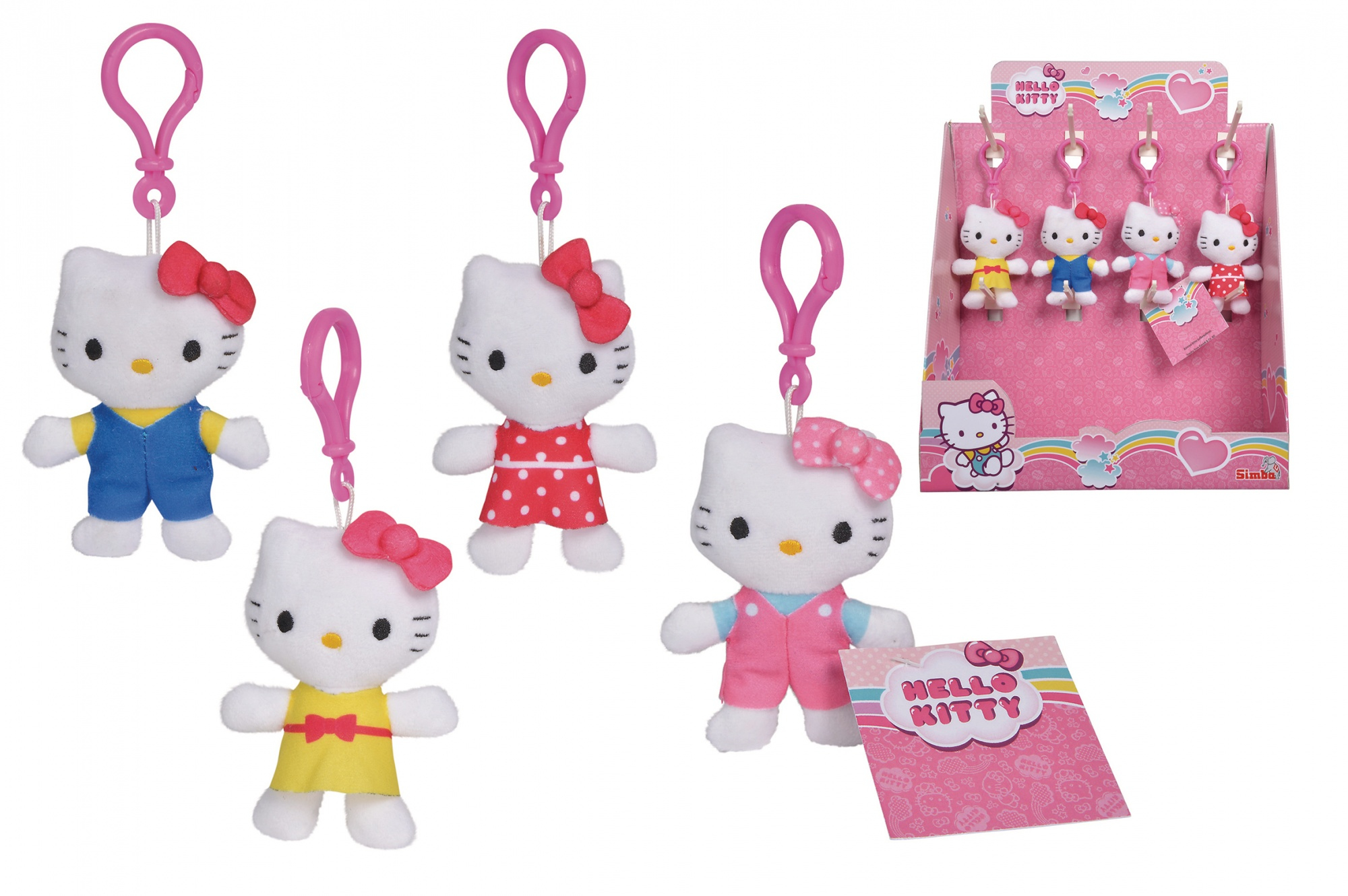 Più peluche di Hello Kitty con portachiavi, in diversi abiti. Sono all'interno di una scatola espositiva.