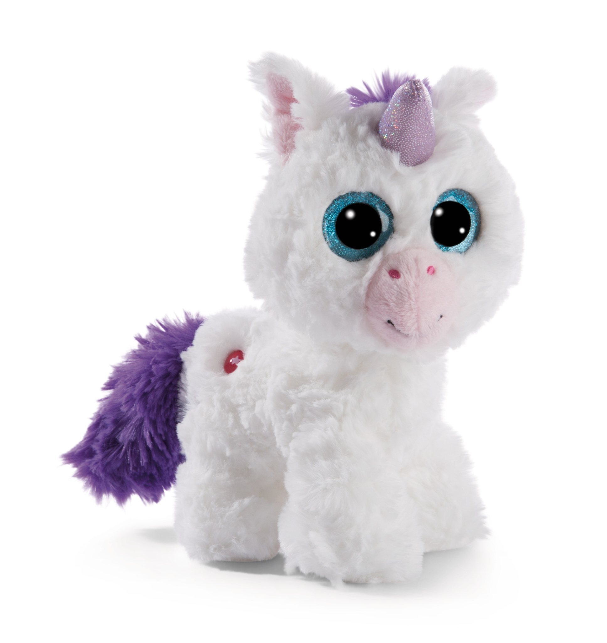 Un unicorno di peluche bianco con criniera e coda viola. Ha grandi occhi blu e naso rosa.