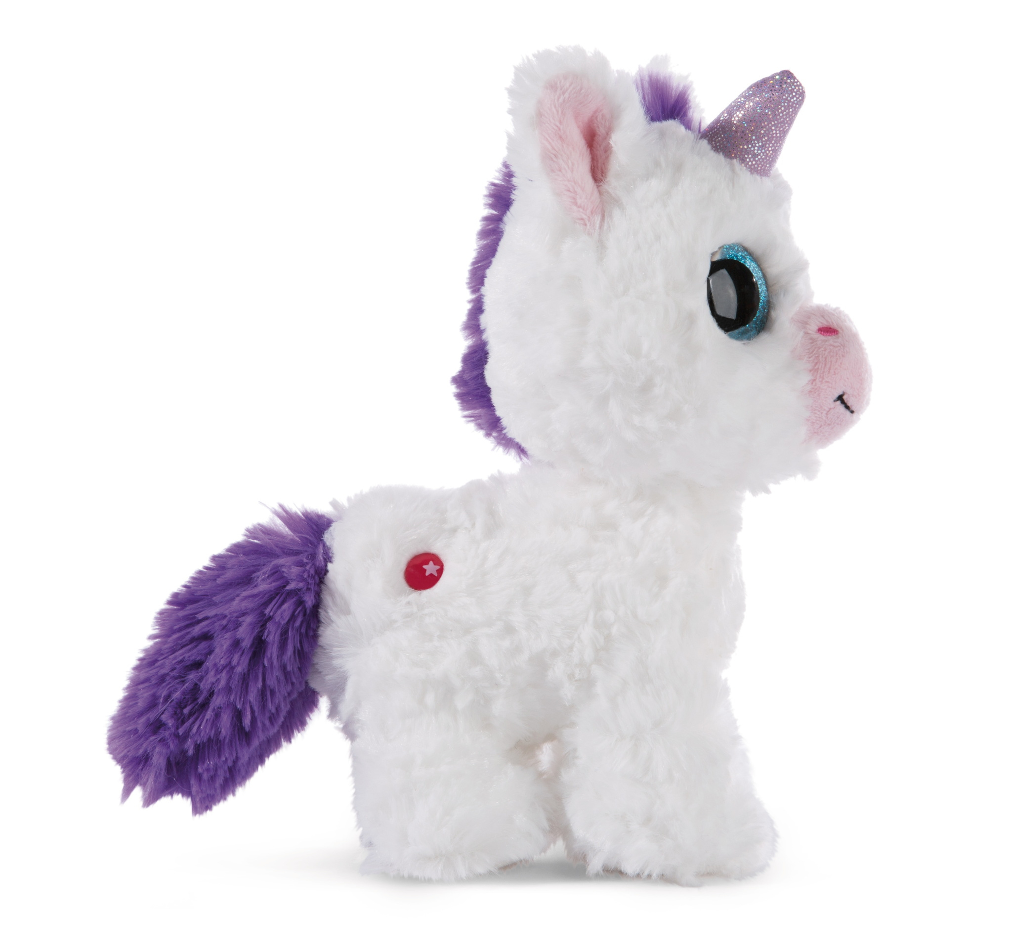 Un unicorno di peluche bianco con criniera e coda viola. Ha grandi occhi blu e un bottone laterale.