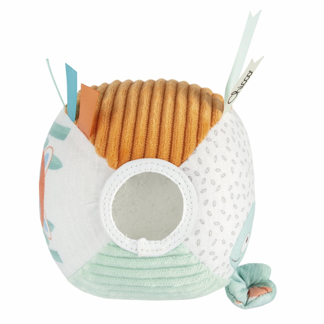 Piłka zabawka z motywem dinozaura, w kolorach pomarańczowym i zielonym. Etykiety i otwór na dźwięki.