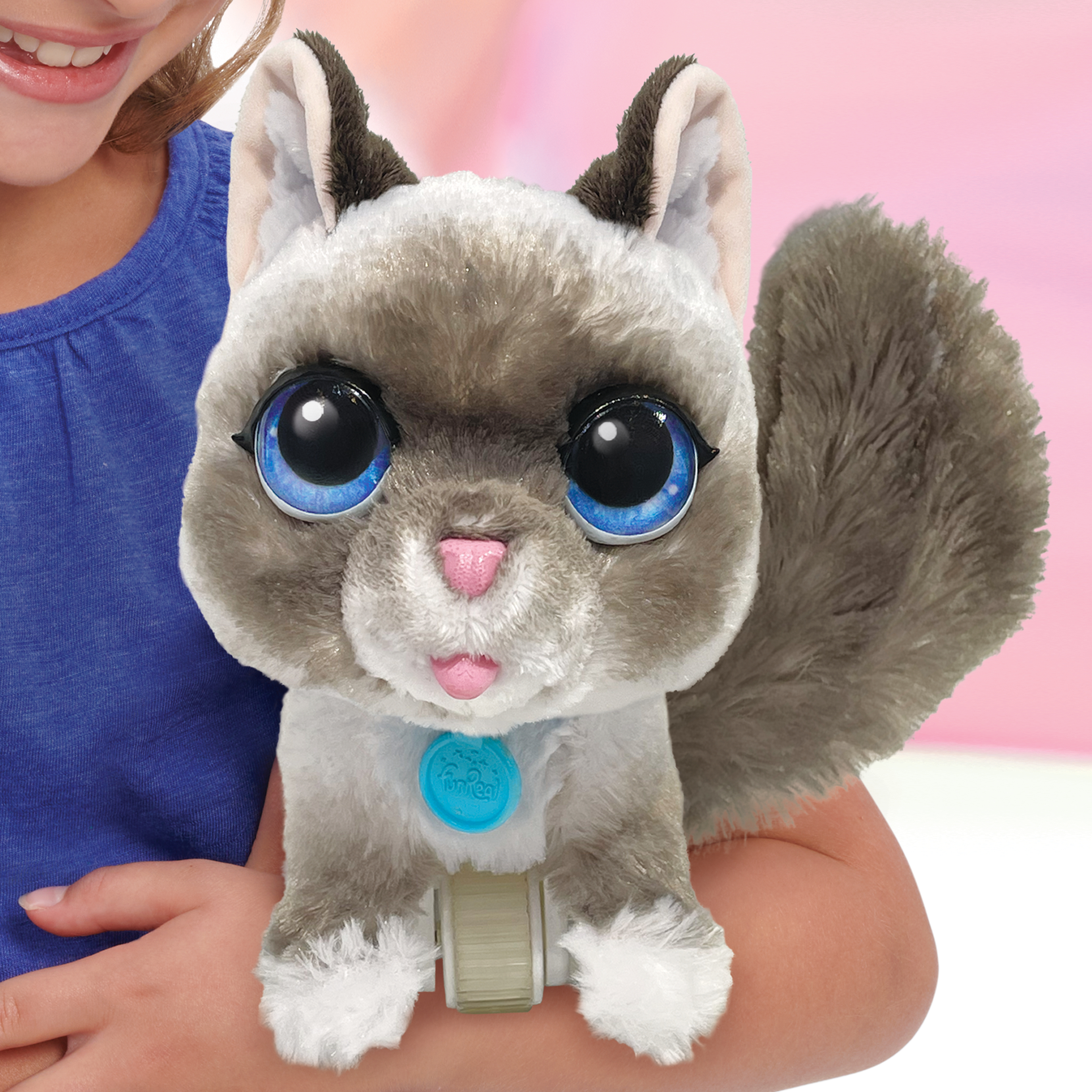 Un niño sosteniendo un gato de juguete con grandes ojos azules y una cola peluda. El gato tiene ruedas.
