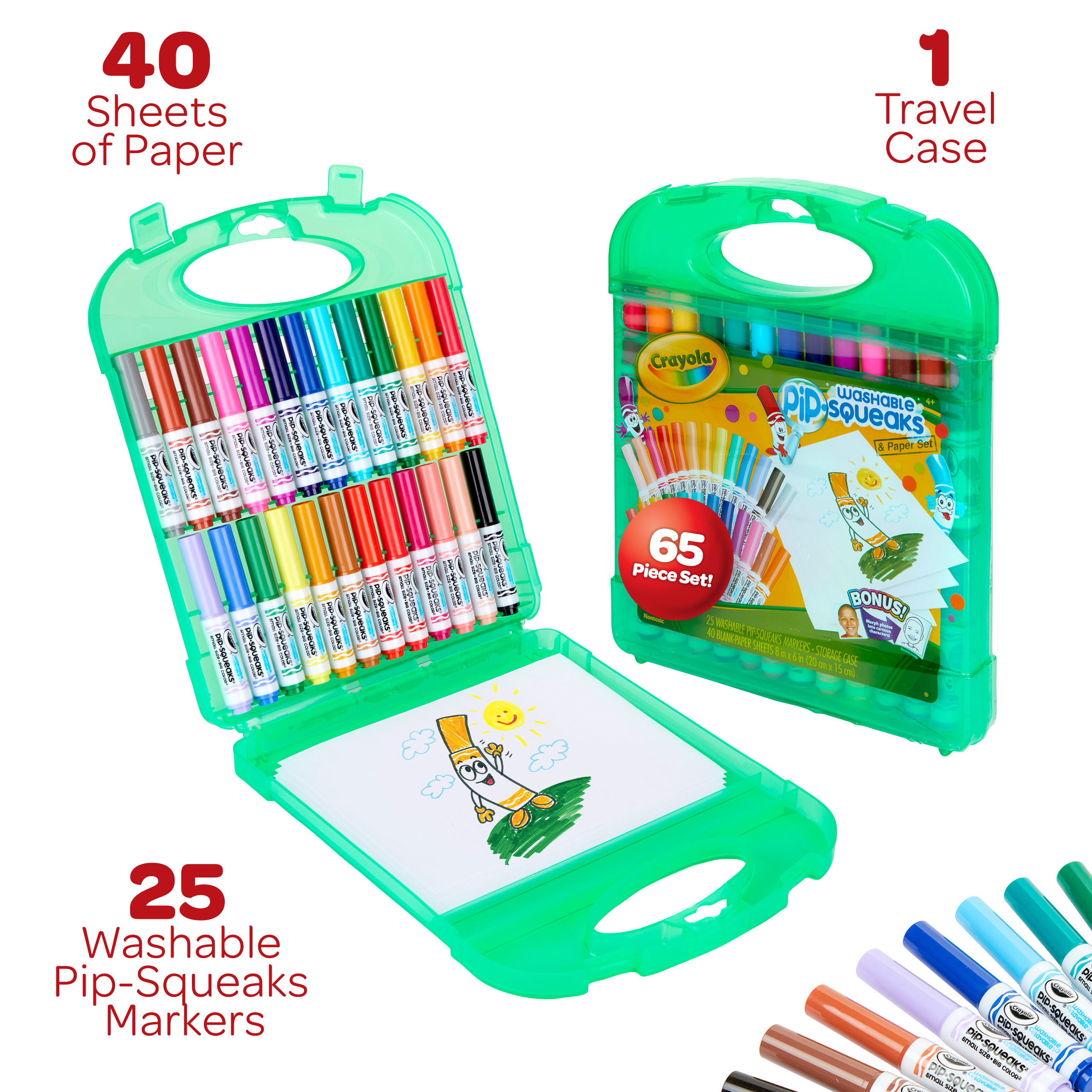 Materiały plastyczne Crayola. Zawiera markery, papier do rysowania i zieloną walizkę.