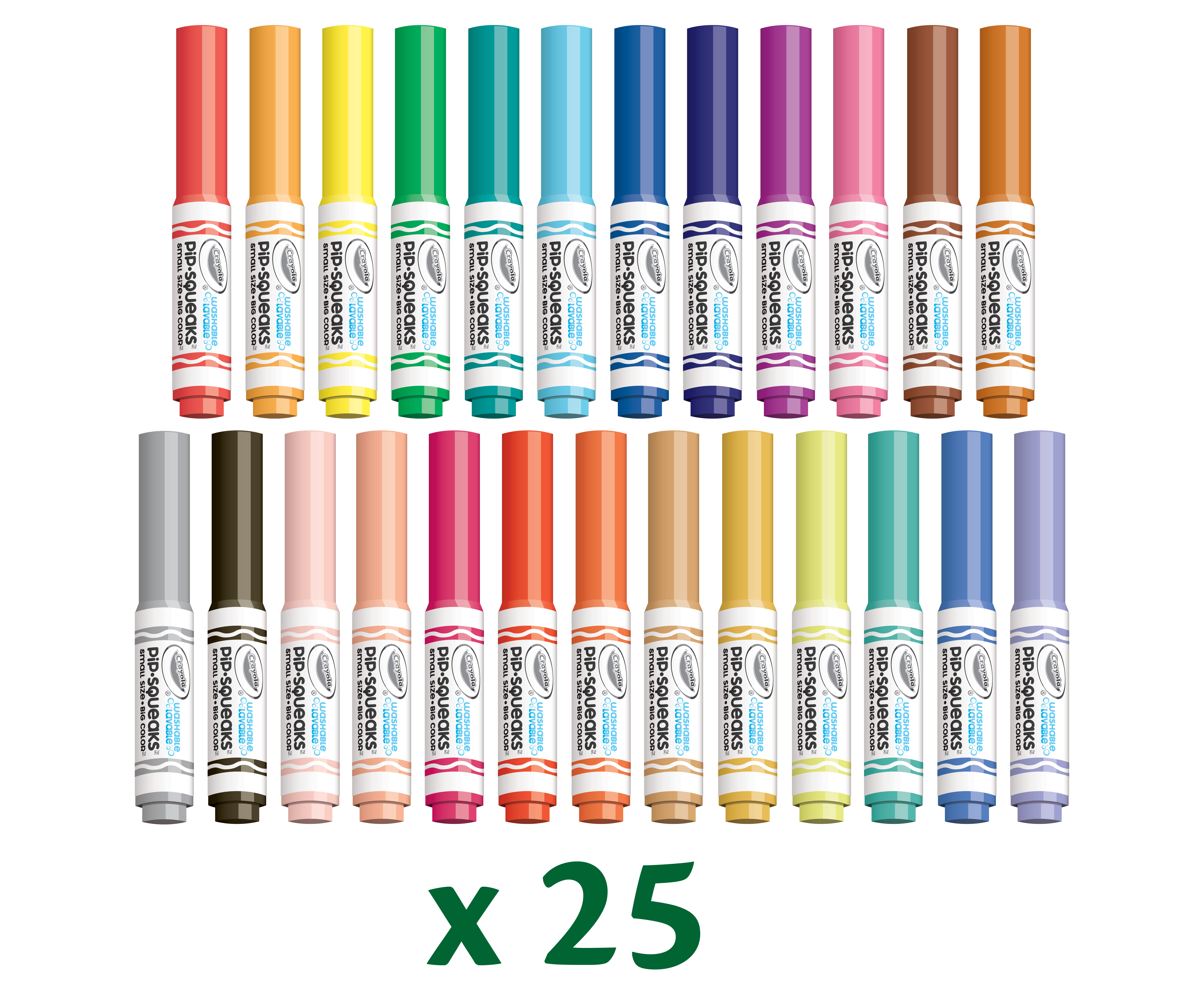 Kolekcja 25 kolorowych markerów. Markery są ułożone w rzędach. Białe tło.